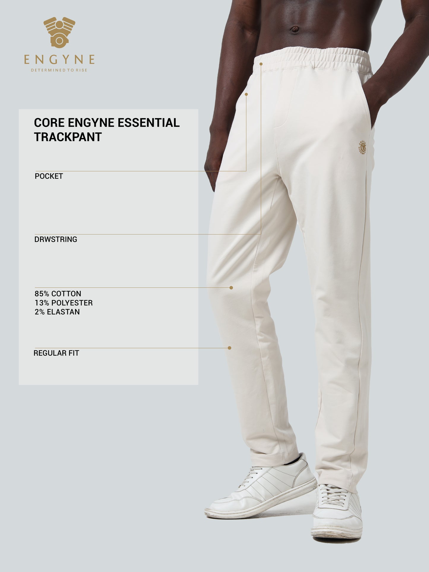 Regular-Fit Engyne Essential Trackpant with Contrast HD Print in Rougen Cotton Poly Elastane Interlock Beige