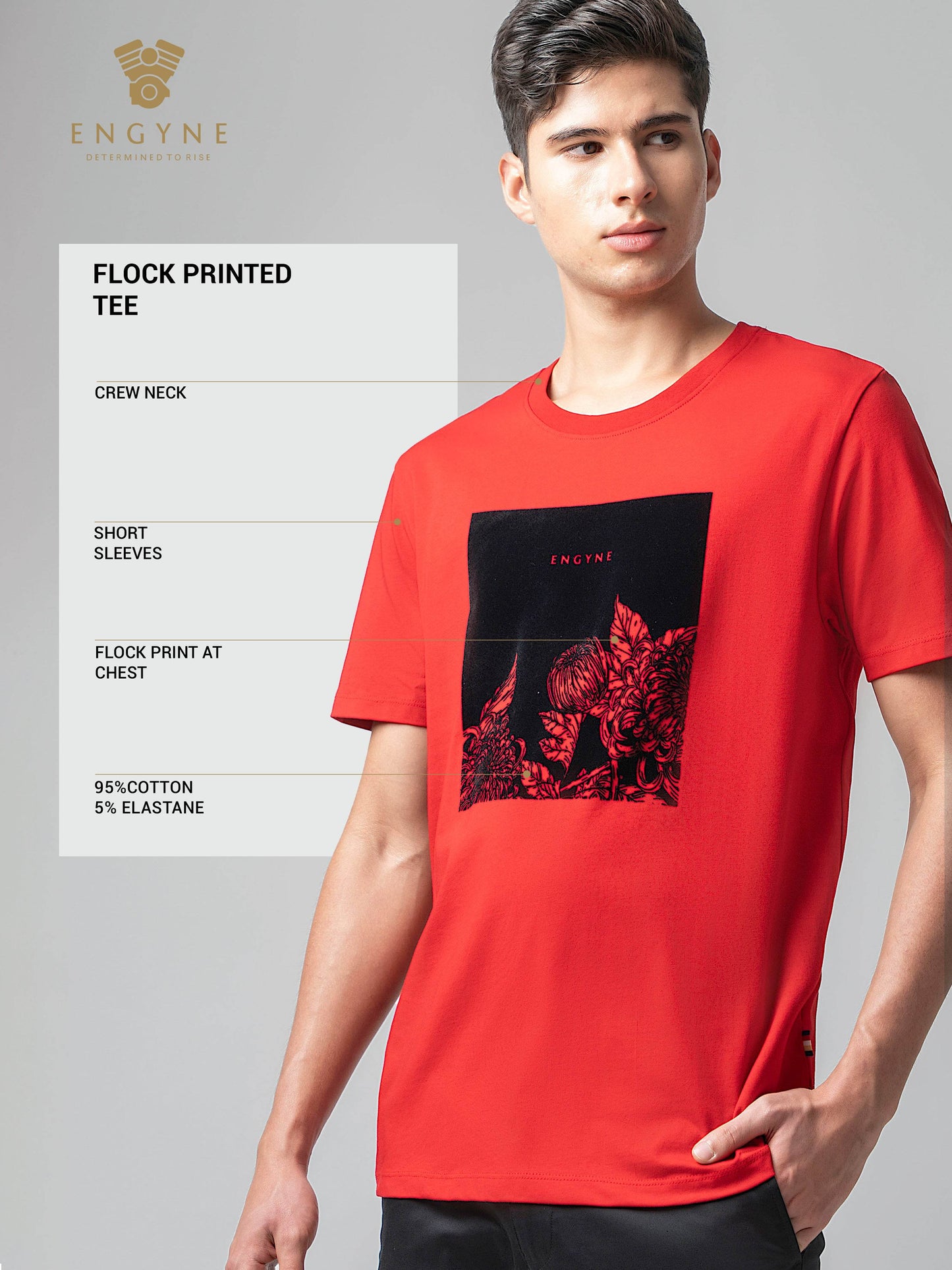 Rougen Cotton Lycra with Flock Print at Chest Red T-shirt - ENGYNE