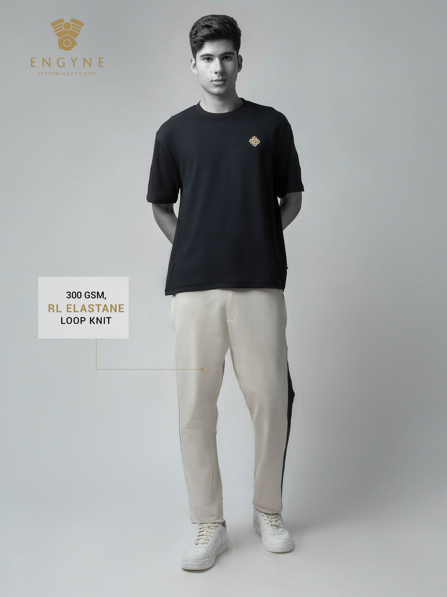 Rougen Cotton Elastane Loop Knit Trackpant with Contrast Woven Side Tape Beige - ENGYNE