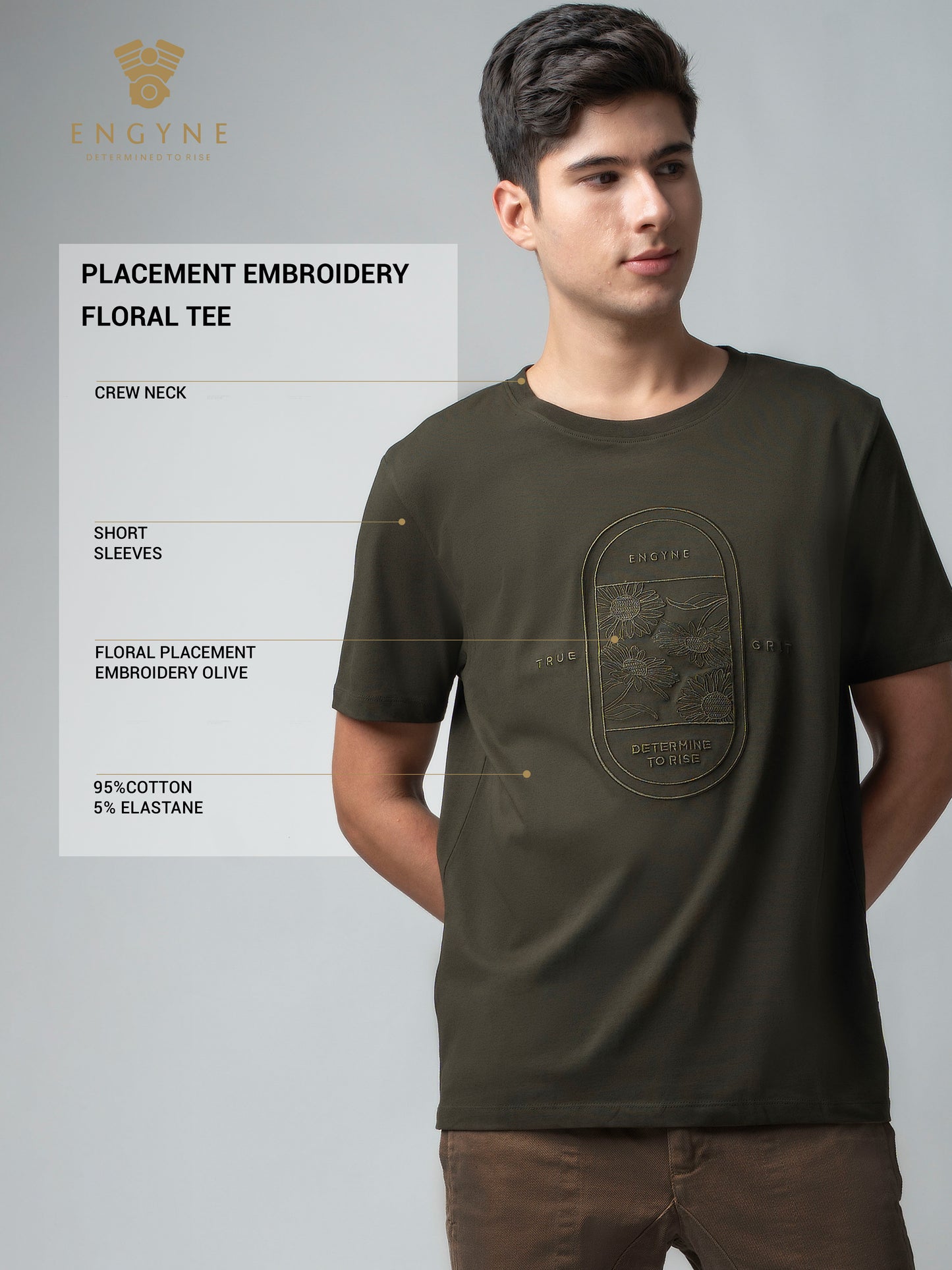 Rougen Cotton Lycra with Floral Placement Embroidery Olive T-shirt