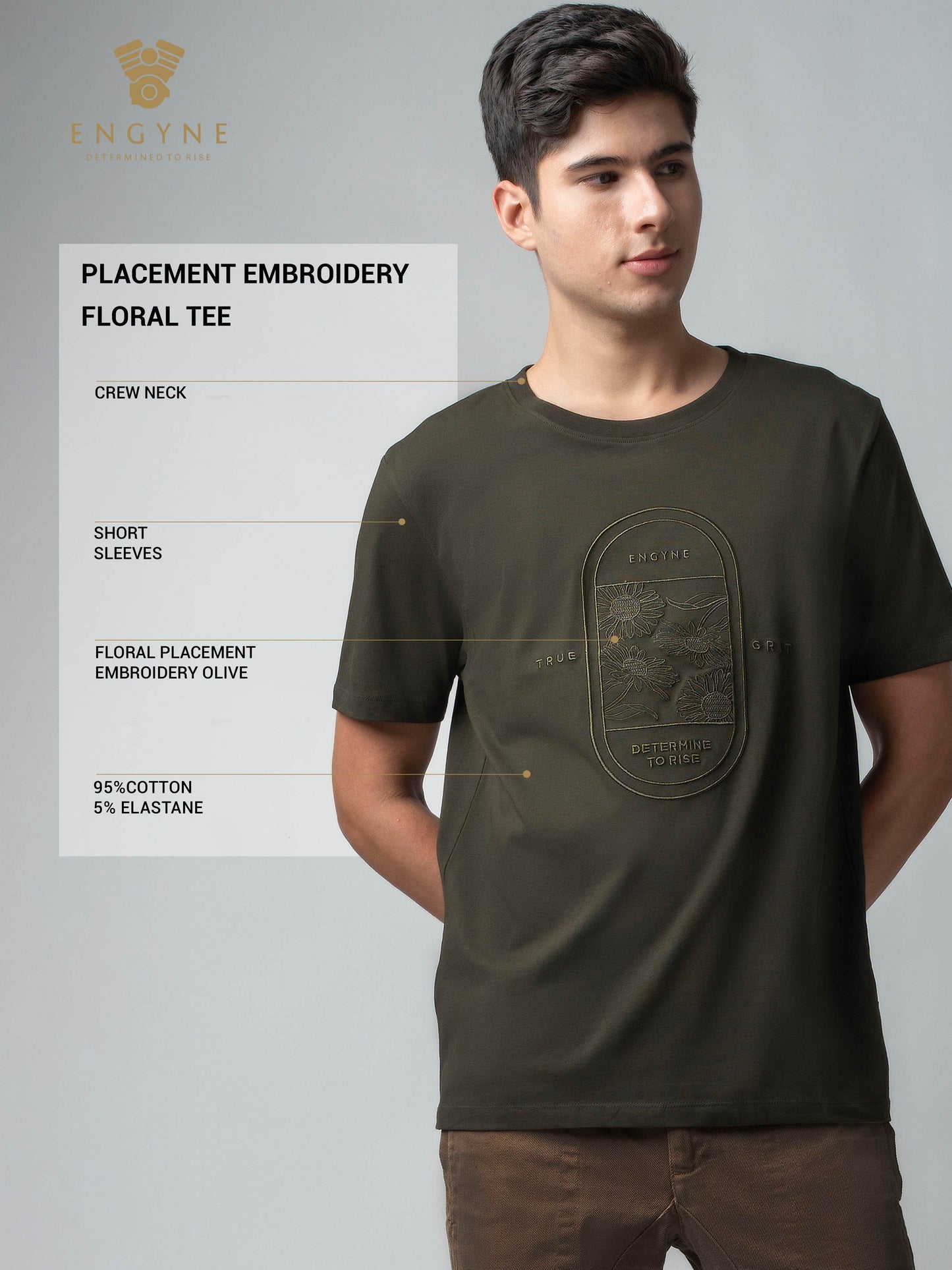 Rougen Cotton Lycra with Floral Placement Embroidery Olive T-shirt - ENGYNE