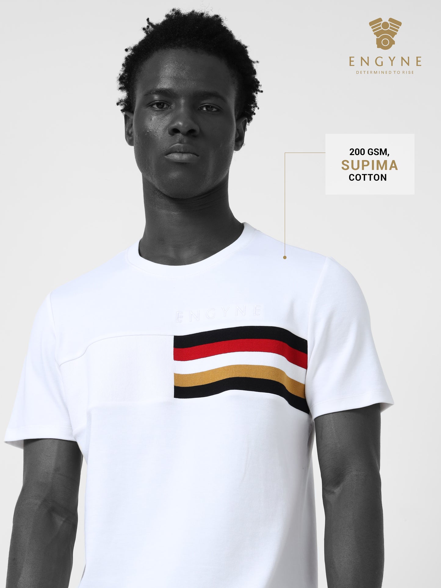 Supima Cotton Lycra Interlock with Engyne Signature Flat-Knit Rib Chest Panel and Embroidered Branding White T-shirt