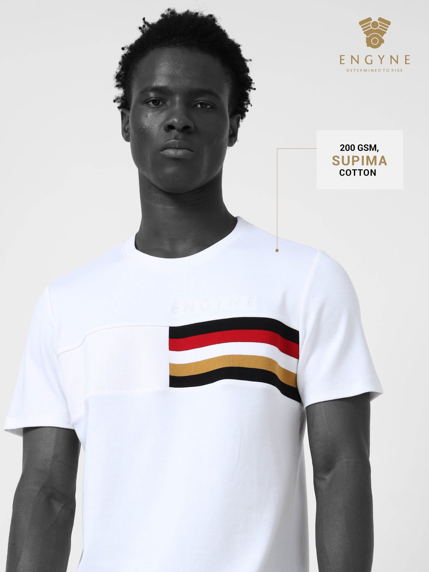 Supima Cotton Lycra Interlock with Engyne Signature Flat-Knit Rib Chest Panel and Embroidered Branding White T-shirt - ENGYNE
