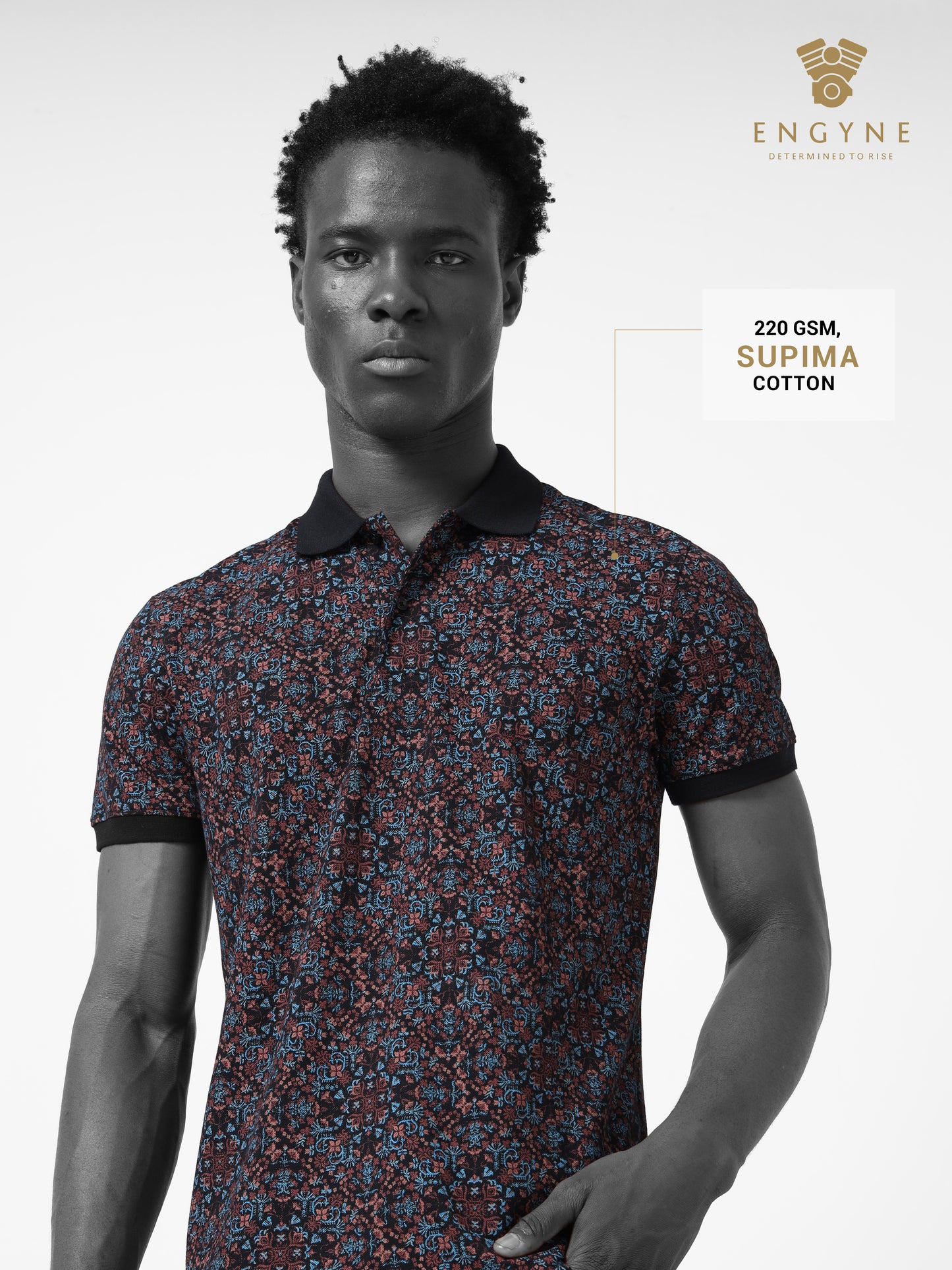 Supima Cotton Lycra with Special Engyne Rotary All Over Print and DTM Collar Black Polo