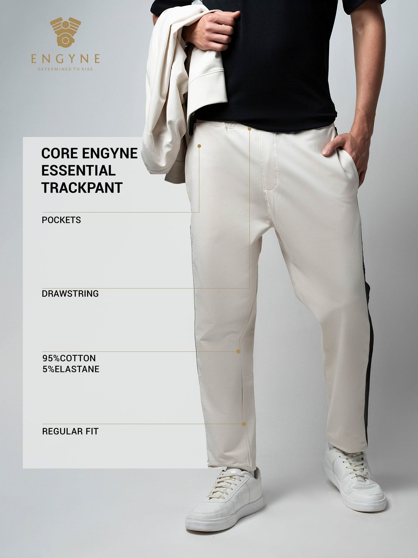 Rougen Cotton Elastane Loop Knit Trackpant with Contrast Woven Side Tape Beige - ENGYNE