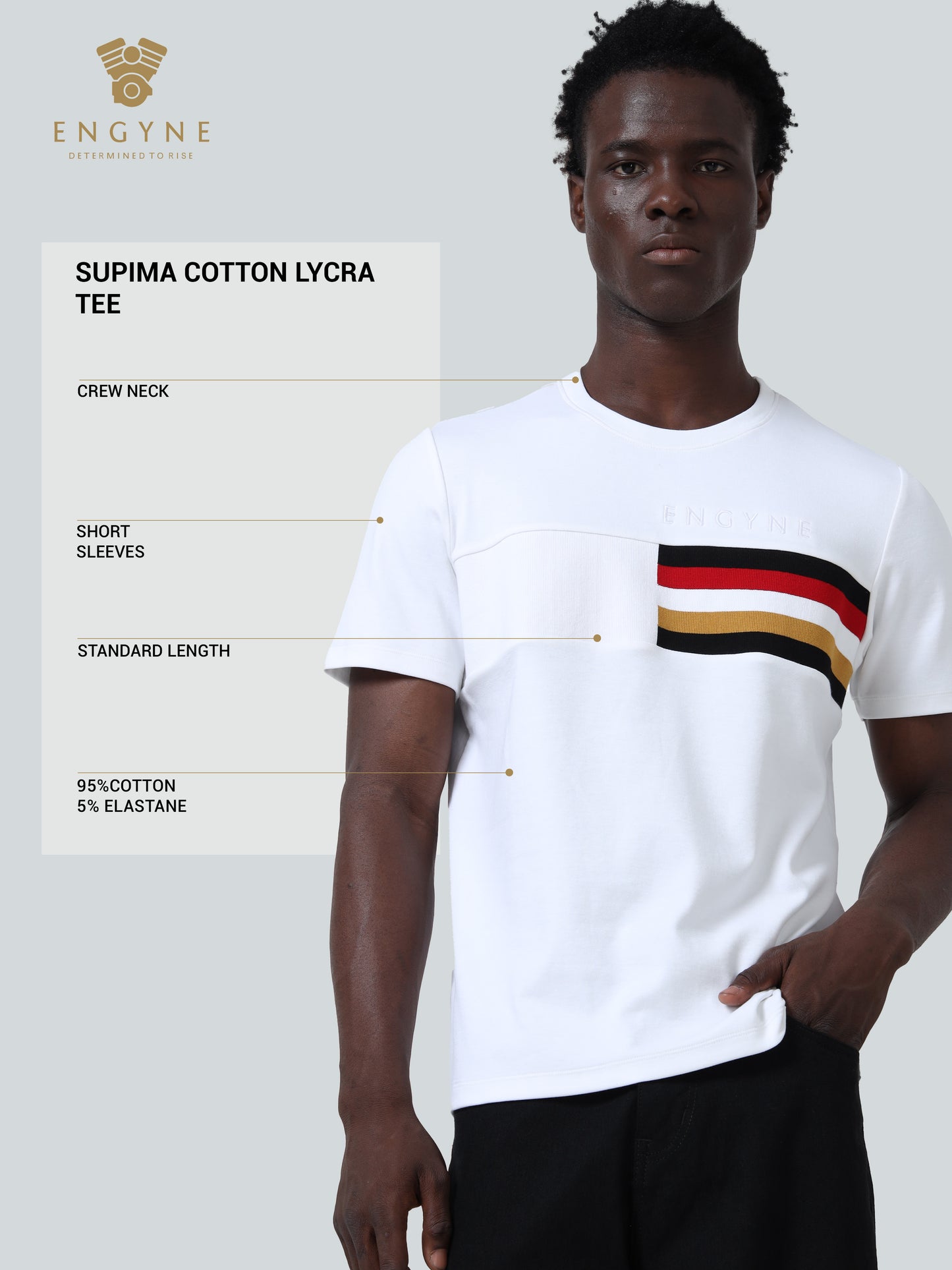 Supima Cotton Lycra Interlock with Engyne Signature Flat-Knit Rib Chest Panel and Embroidered Branding White T-shirt