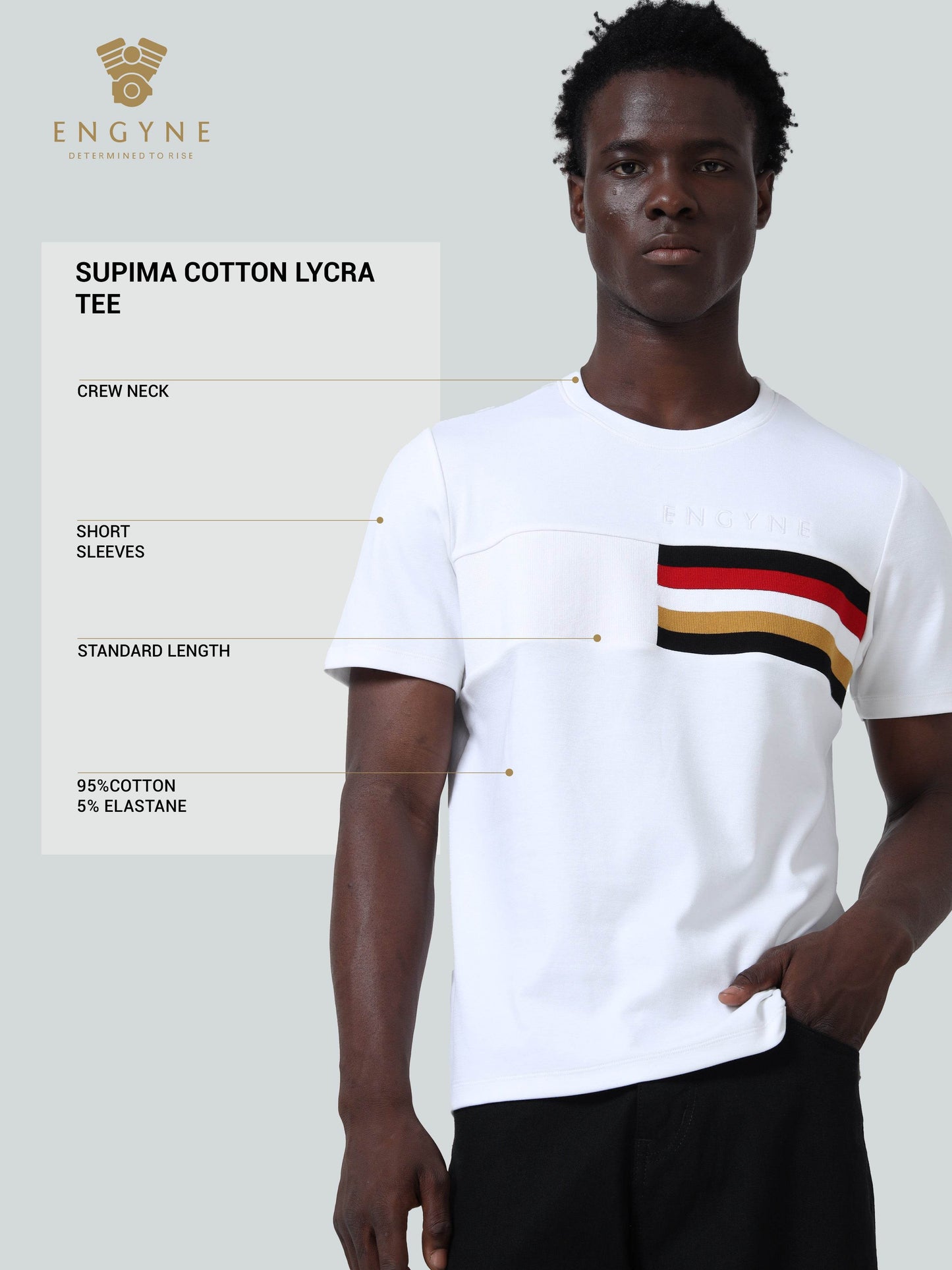 Supima Cotton Lycra Interlock with Engyne Signature Flat-Knit Rib Chest Panel and Embroidered Branding White T-shirt - ENGYNE
