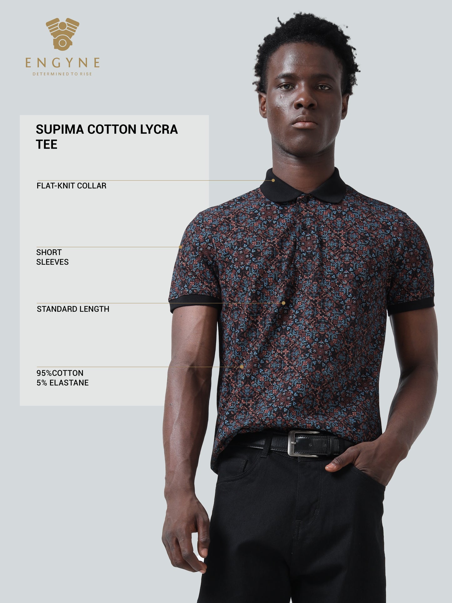 Supima Cotton Lycra with Special Engyne Rotary All Over Print and DTM Collar Black Polo