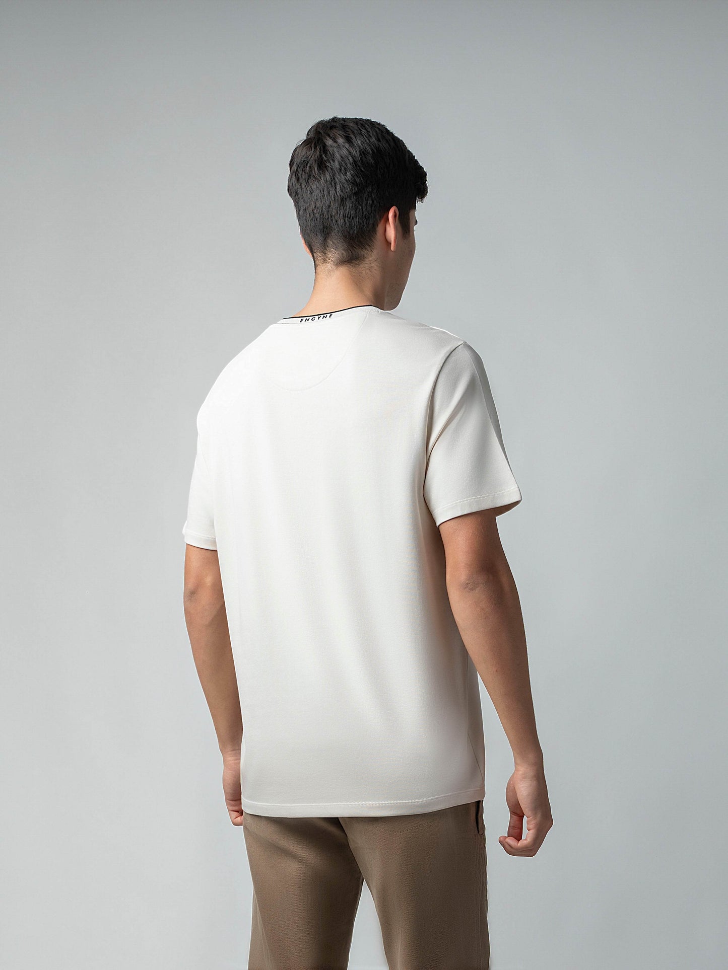 Supima Cotton Lycra Interlock with Flat-Knit Neck Rib and HD Branding Beige T-shirt - ENGYNE
