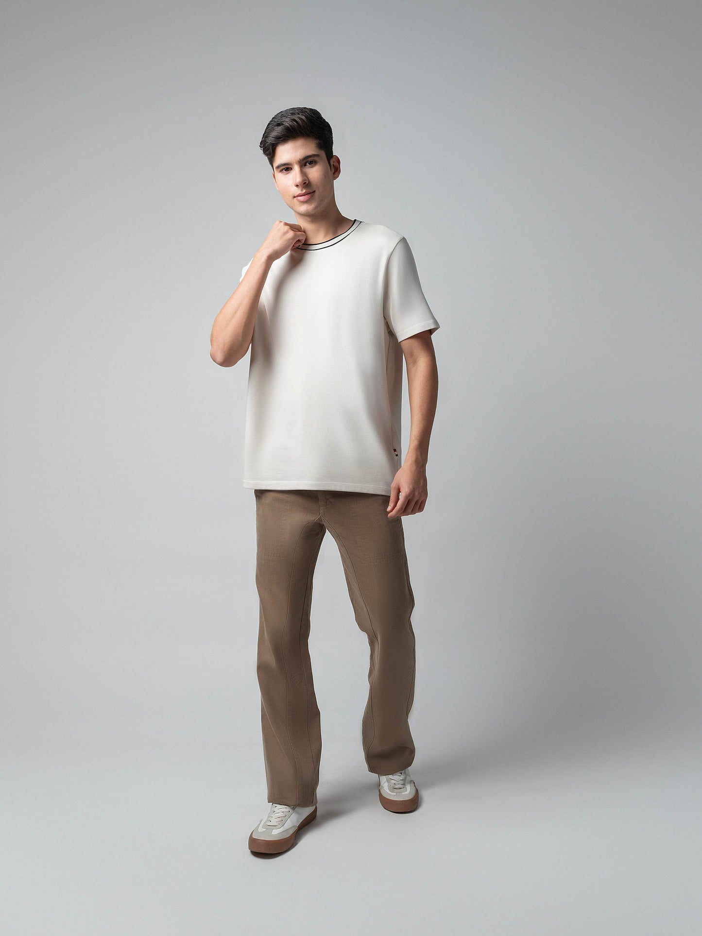 Supima Cotton Lycra Interlock with Flat-Knit Neck Rib and HD Branding Beige T-shirt - ENGYNE