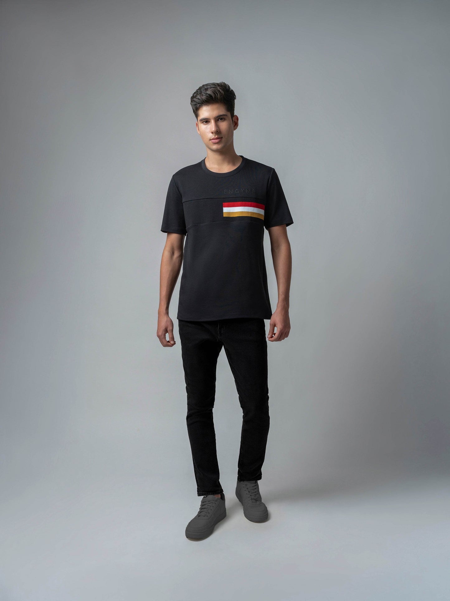 Supima Cotton Lycra Interlock with Engyne Signature Flat-Knit Rib Chest Panel and Embroidered Branding Black T-shirt - ENGYNE