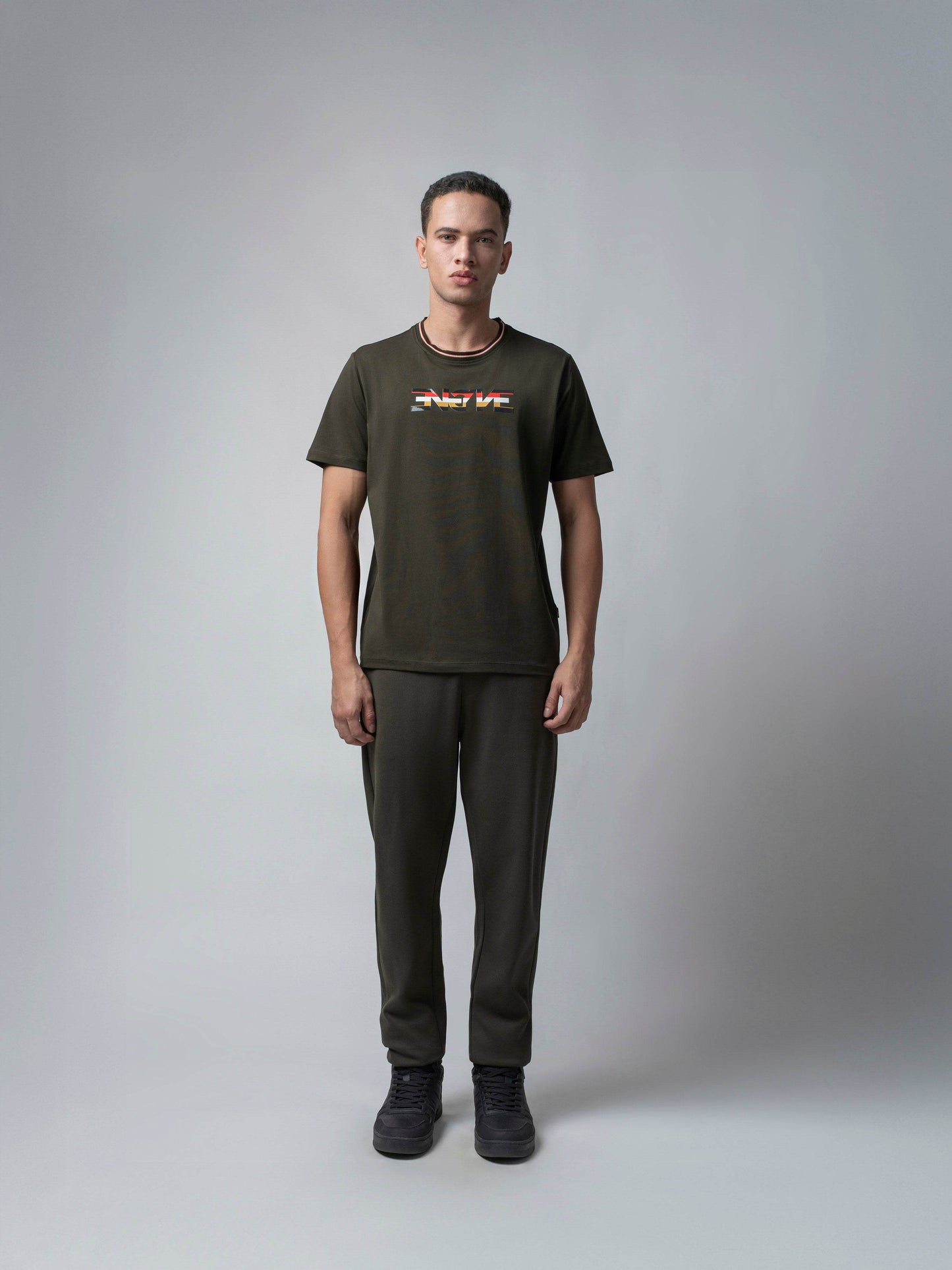 Supima Cotton Lycra with Non-PVC Engyne Stripe Sticker Print Olive T-shirt - ENGYNE