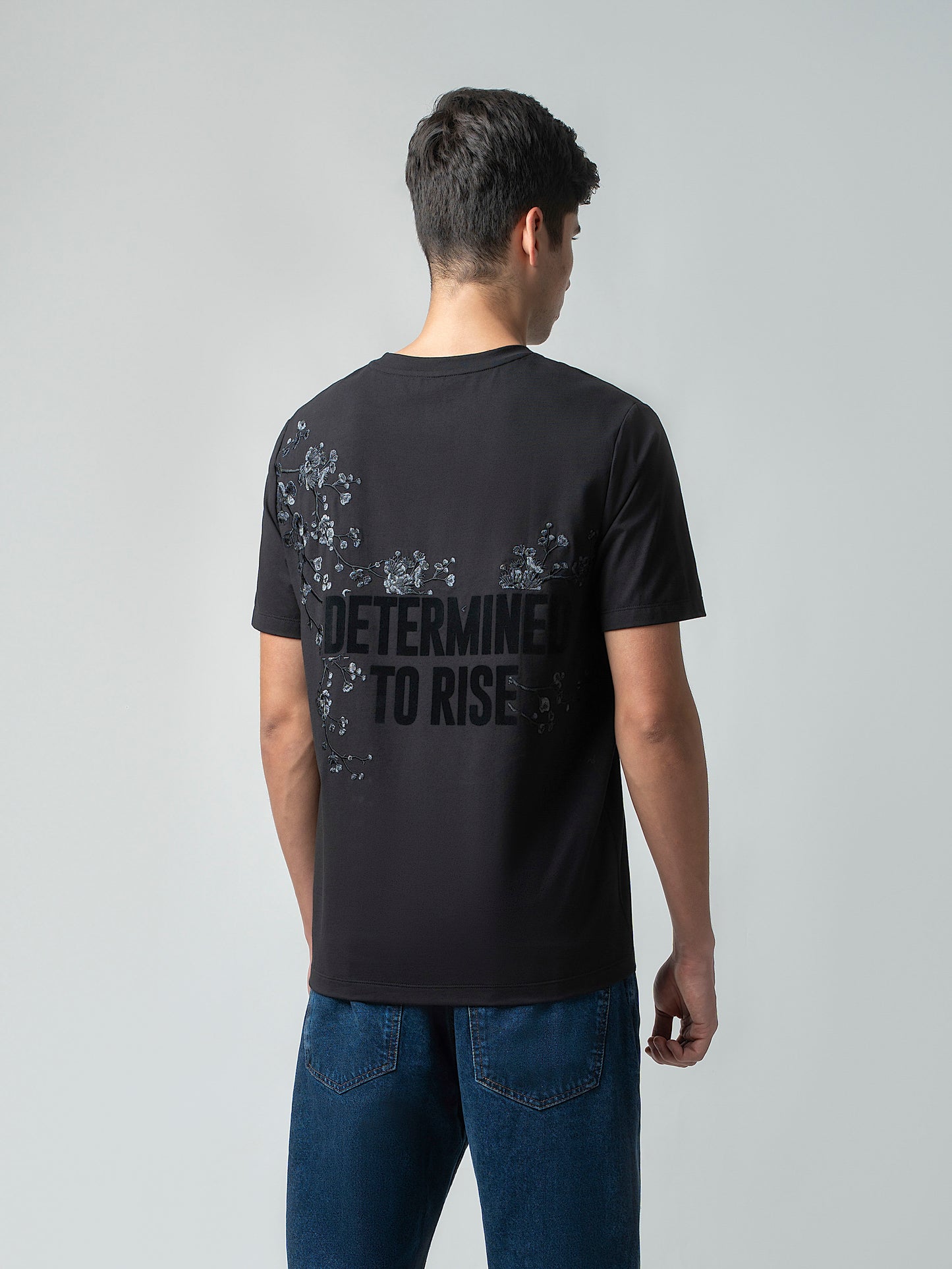 Flock Printed Black Printed T Shirt for Men