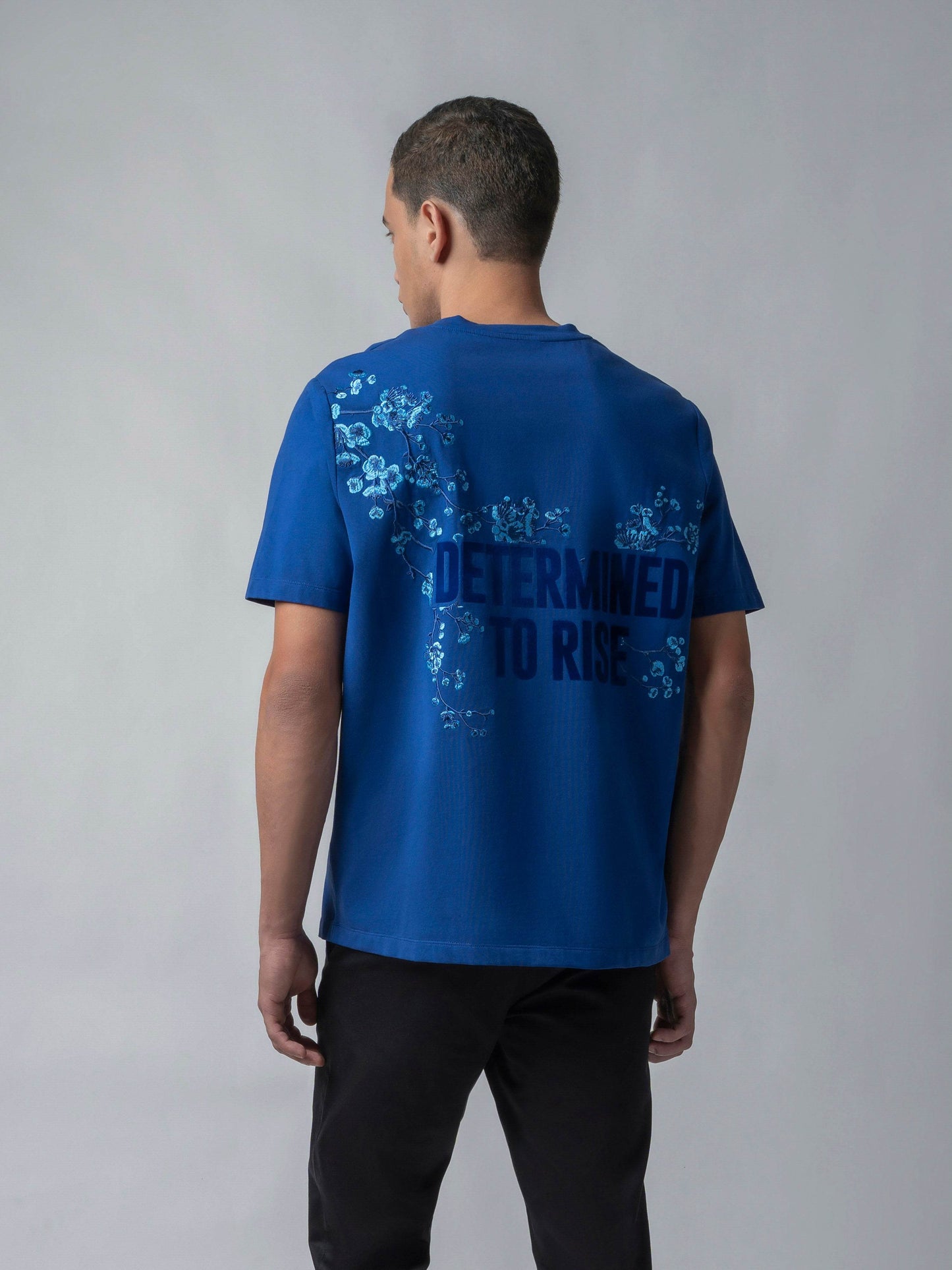 Jersène LuxeKnit with Floral Embroidery and Flock Print at Back Dark Blue Tee - ENGYNE