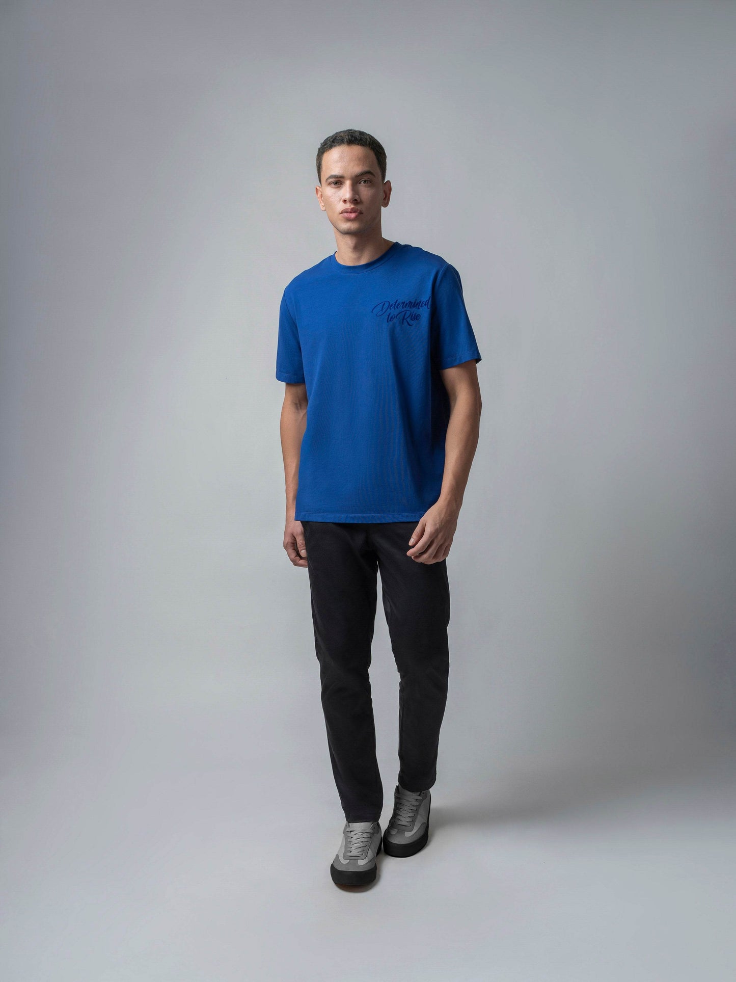 Jersène LuxeKnit with Floral Embroidery and Flock Print at Back Dark Blue Tee - ENGYNE