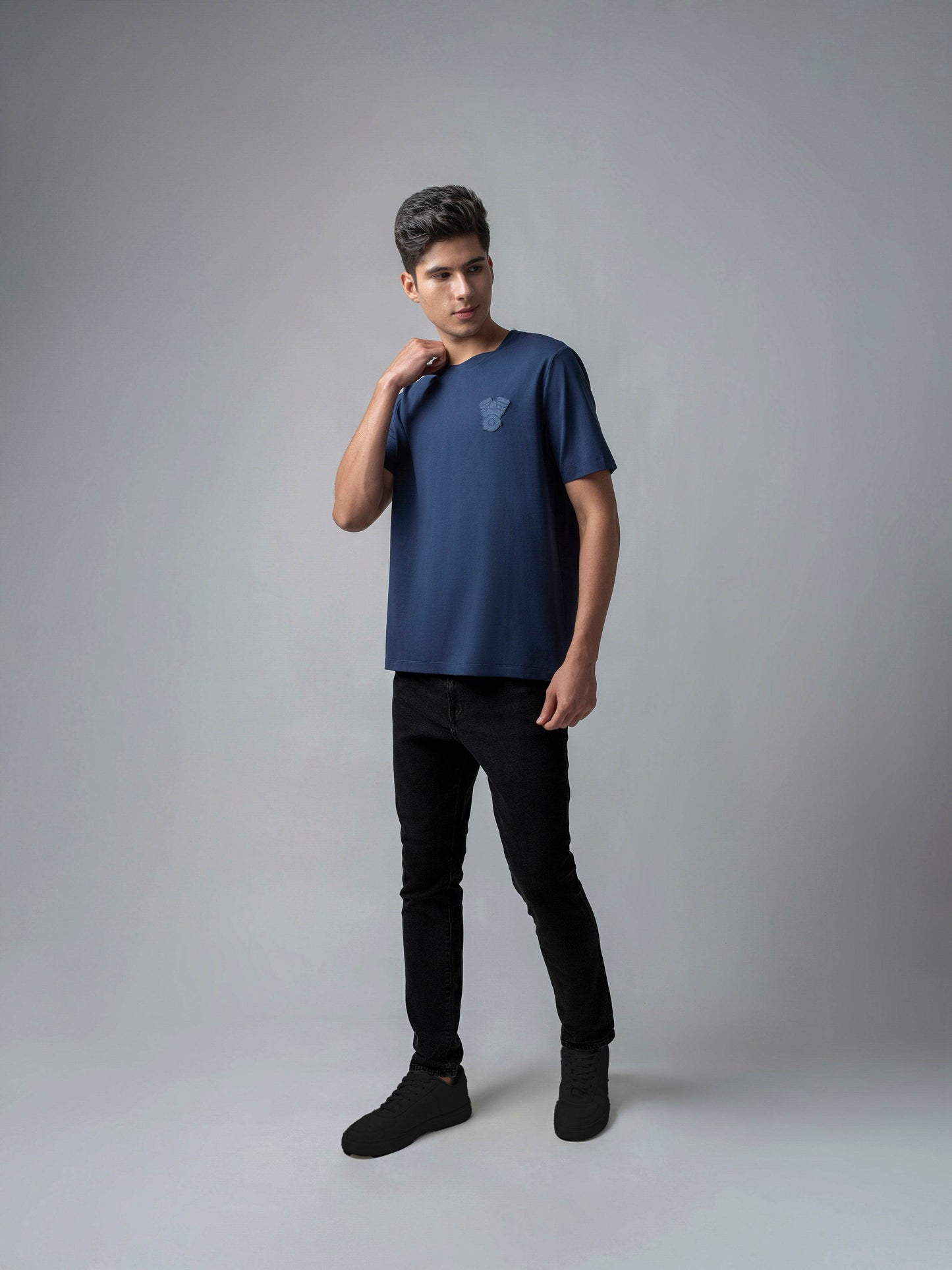 Jersène LuxeKnit Tee with Engyne Appliqué Back and Front Iconic Emblem Dark Blue Tee - ENGYNE