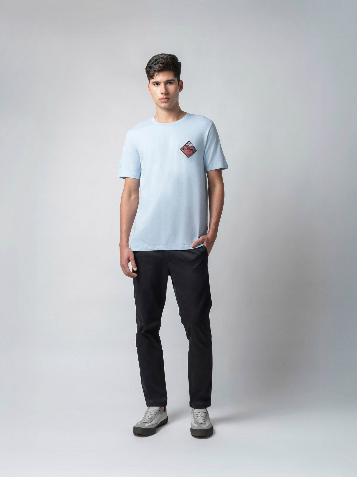 Rougen Cotton Lycra with Sublimation Print and Embroidered Badge Light Blue T-shirt - ENGYNE