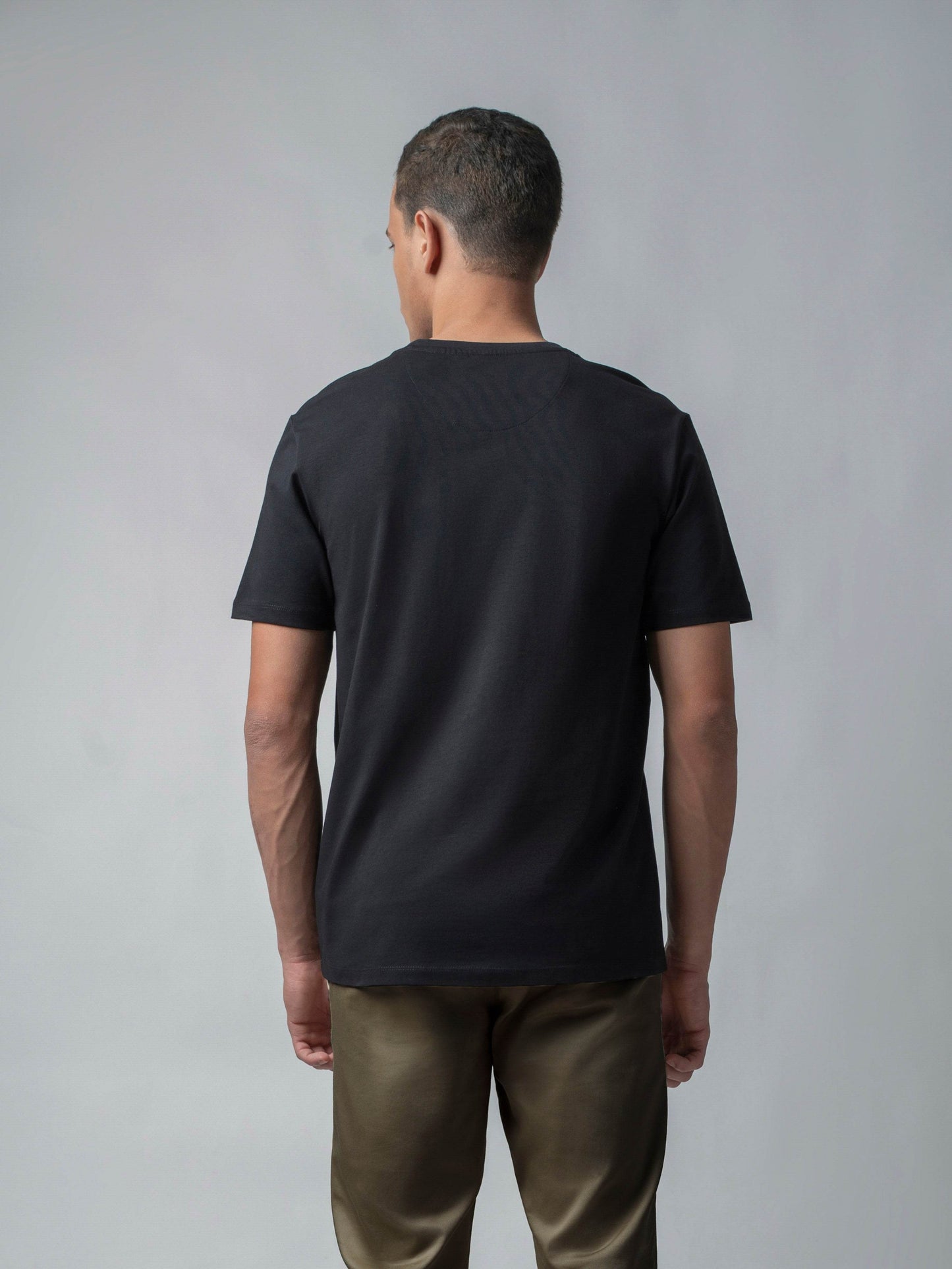 Supima Cotton Lycra with Sublimation-Printed Chest Appliqué and Embroidery Black T-shirt - ENGYNE