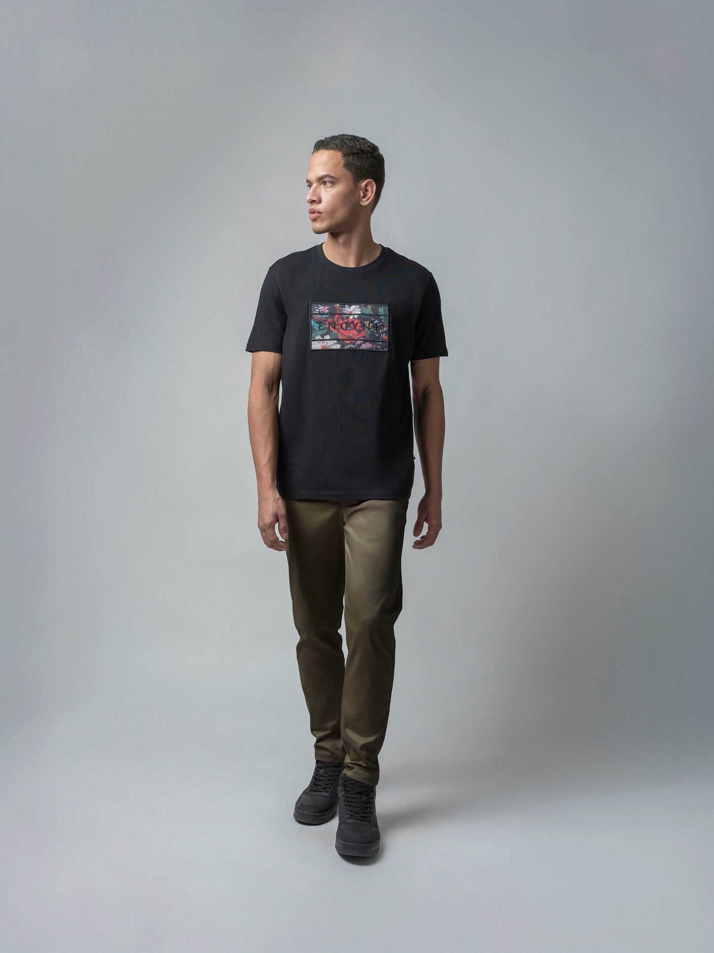 Supima Cotton Lycra with Sublimation-Printed Chest Appliqué and Embroidery Black T-shirt - ENGYNE