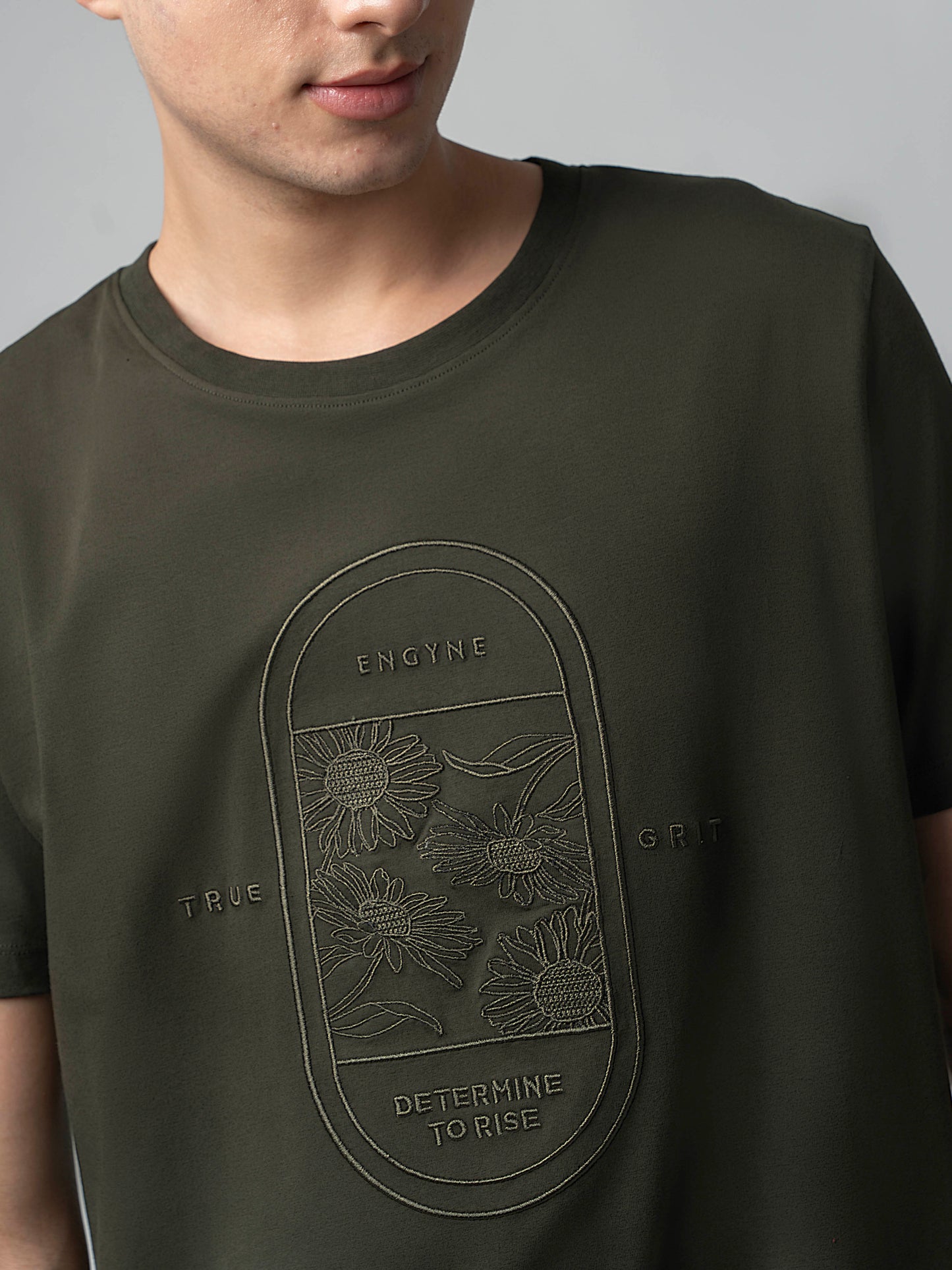 Rougen Cotton Lycra with Floral Placement Embroidery Olive T-shirt