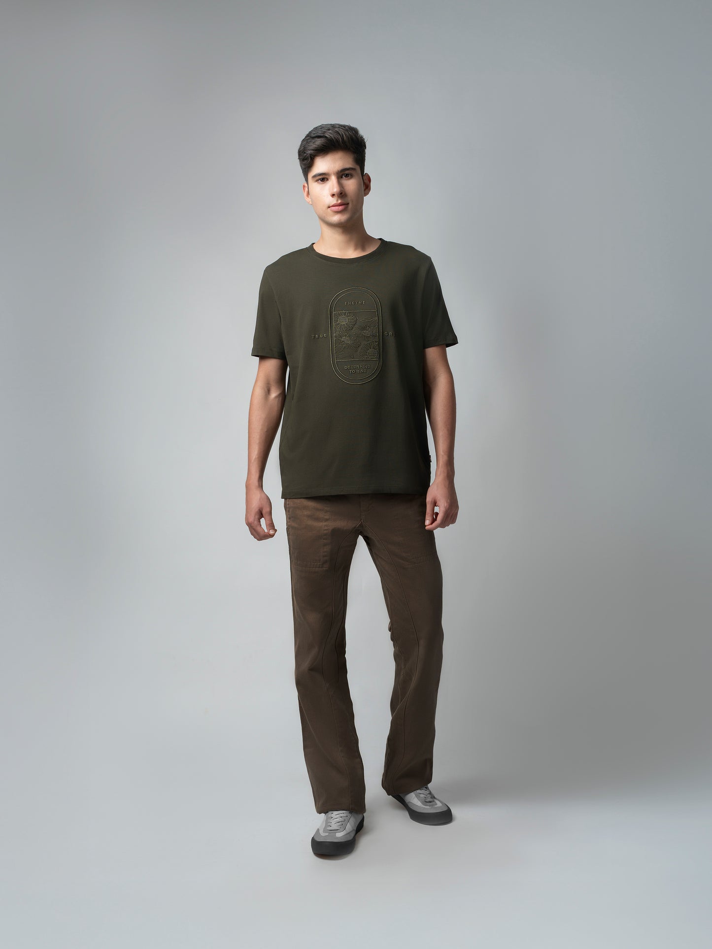 Rougen Cotton Lycra with Floral Placement Embroidery Olive T-shirt