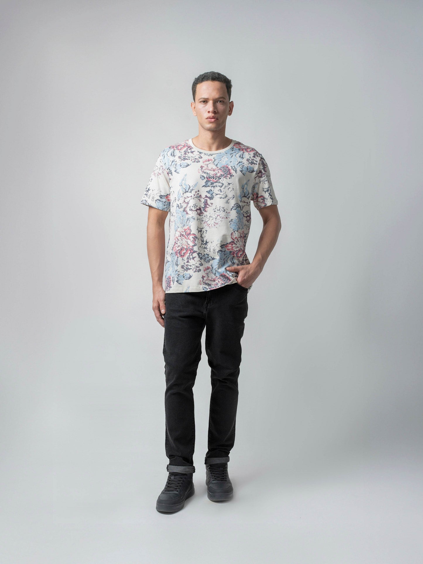 Supima Cotton Lycra with Rotary All-Over Print Beige T-shirt - ENGYNE