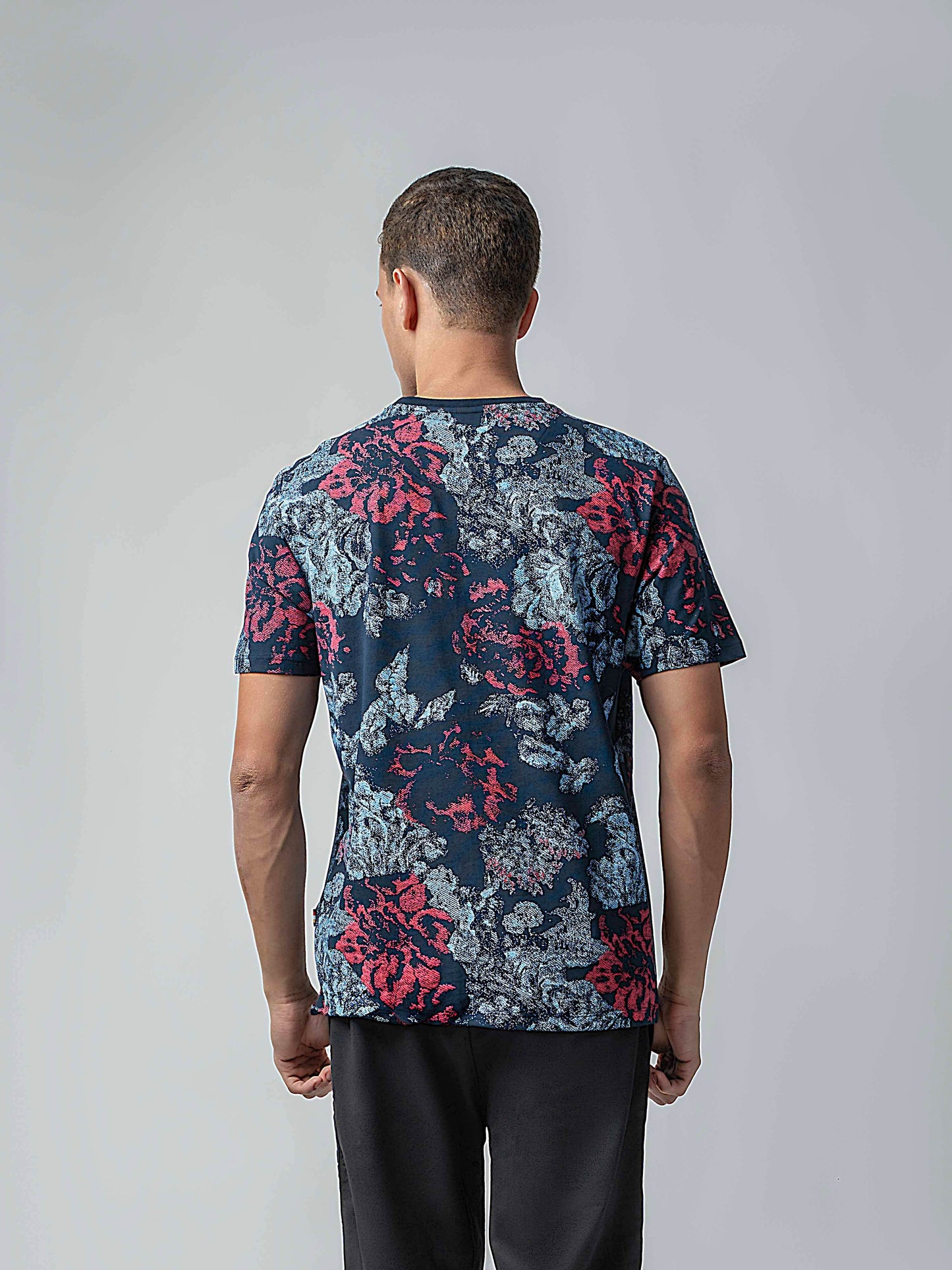 Supima Cotton Lycra with Rotary All-Over Print Navy T-shirt - ENGYNE