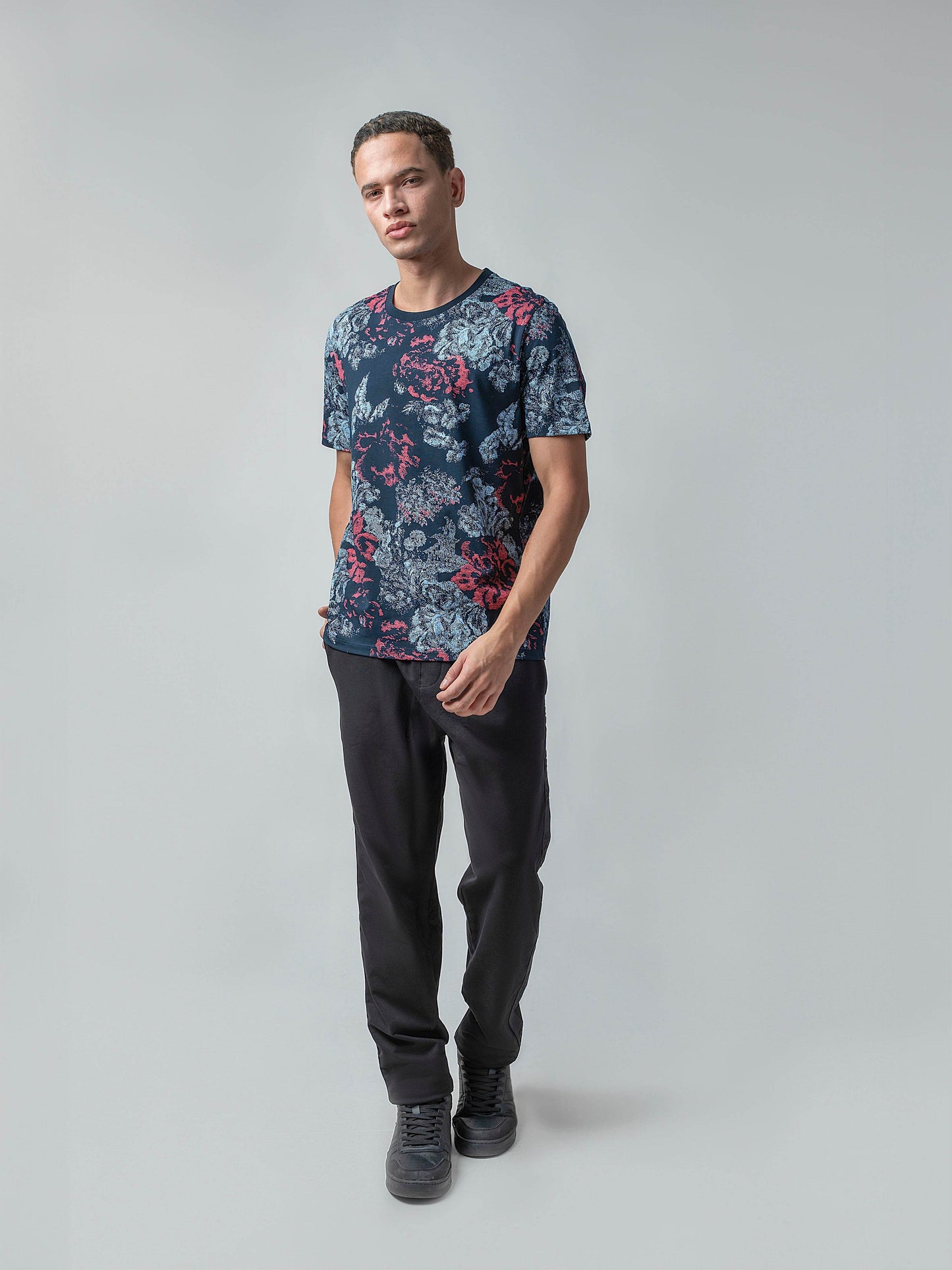 Supima Cotton Lycra with Rotary All-Over Print Navy T-shirt - ENGYNE