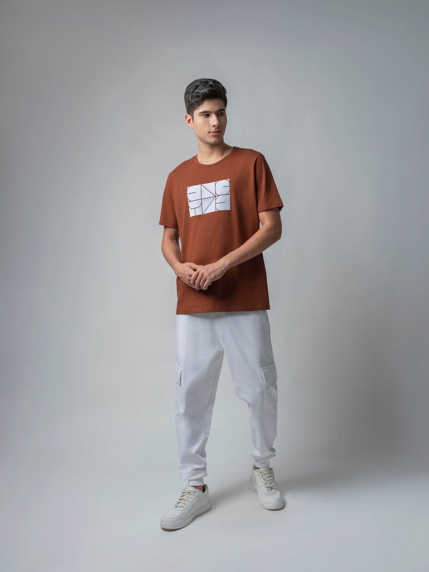 Rougen Cotton Lycra with Sticker Flock Print Brown T-shirt - ENGYNE