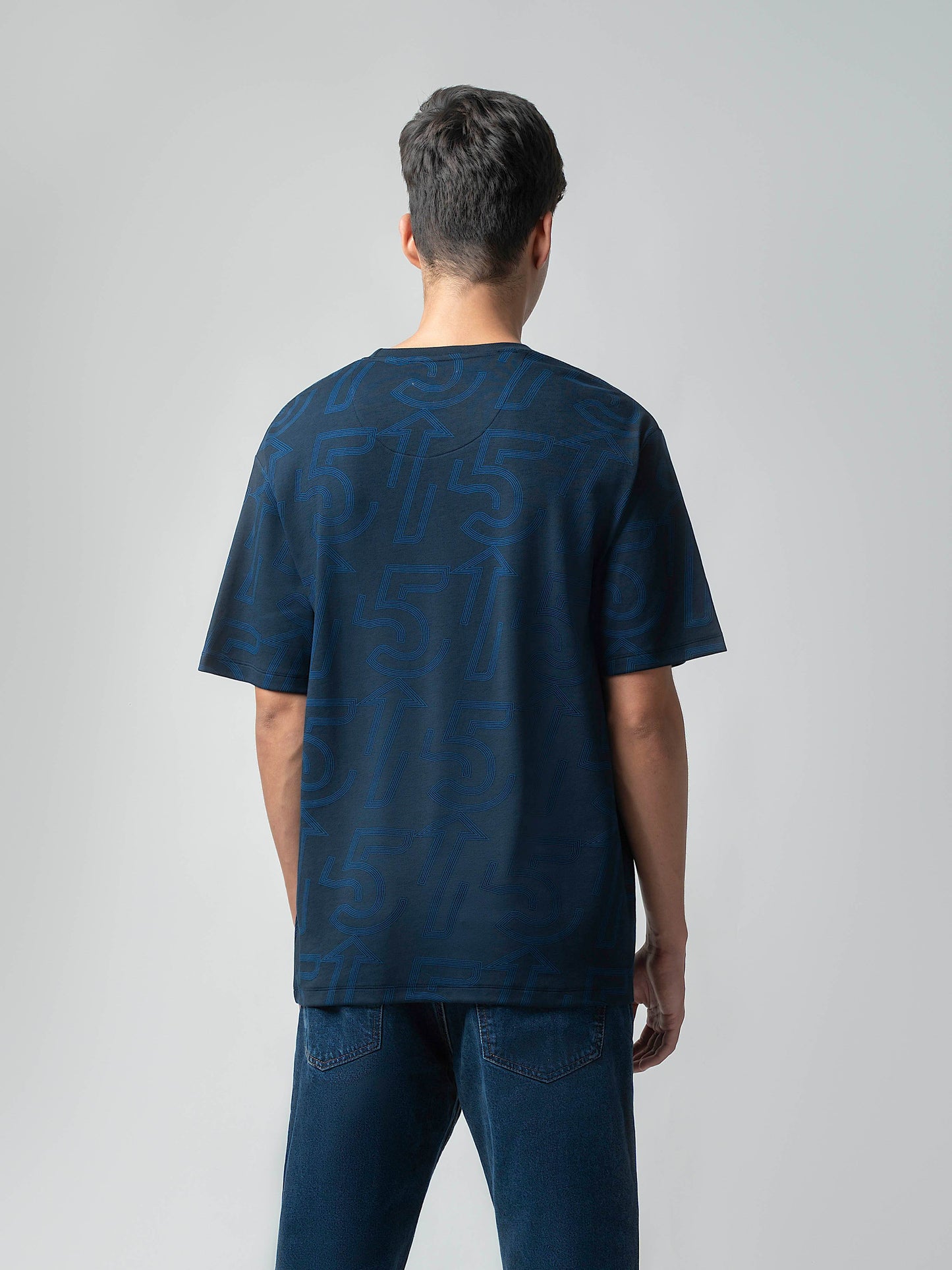 Oversized Supima Cotton Lycra Interlock with All-Over Rotary Print Light Navy T-shirt - ENGYNE