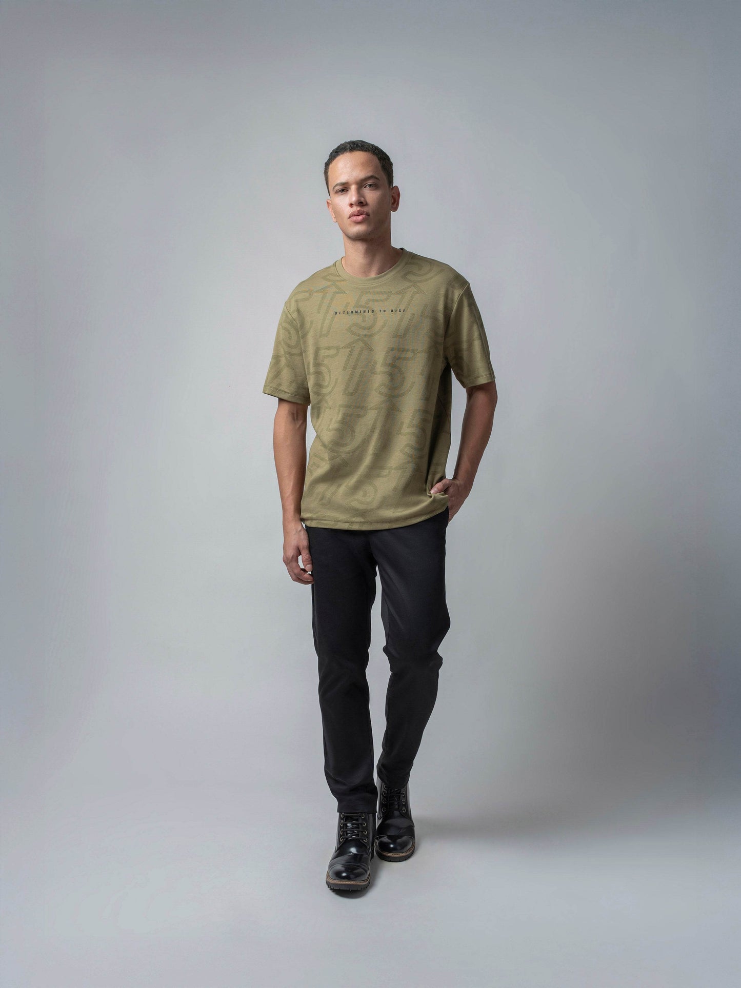 Oversized Supima Cotton Lycra Interlock with All-Over Rotary Print Light Olive T-shirt - ENGYNE