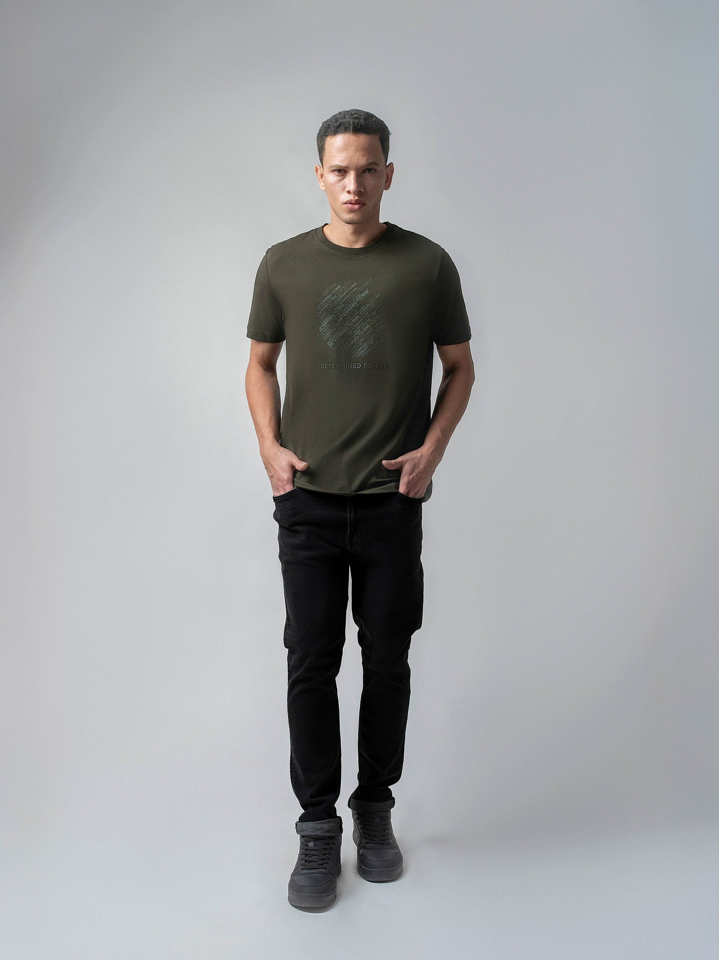 Minimal Non-PVC Chest Print Cotton Lycra Olive T-shirt - ENGYNE