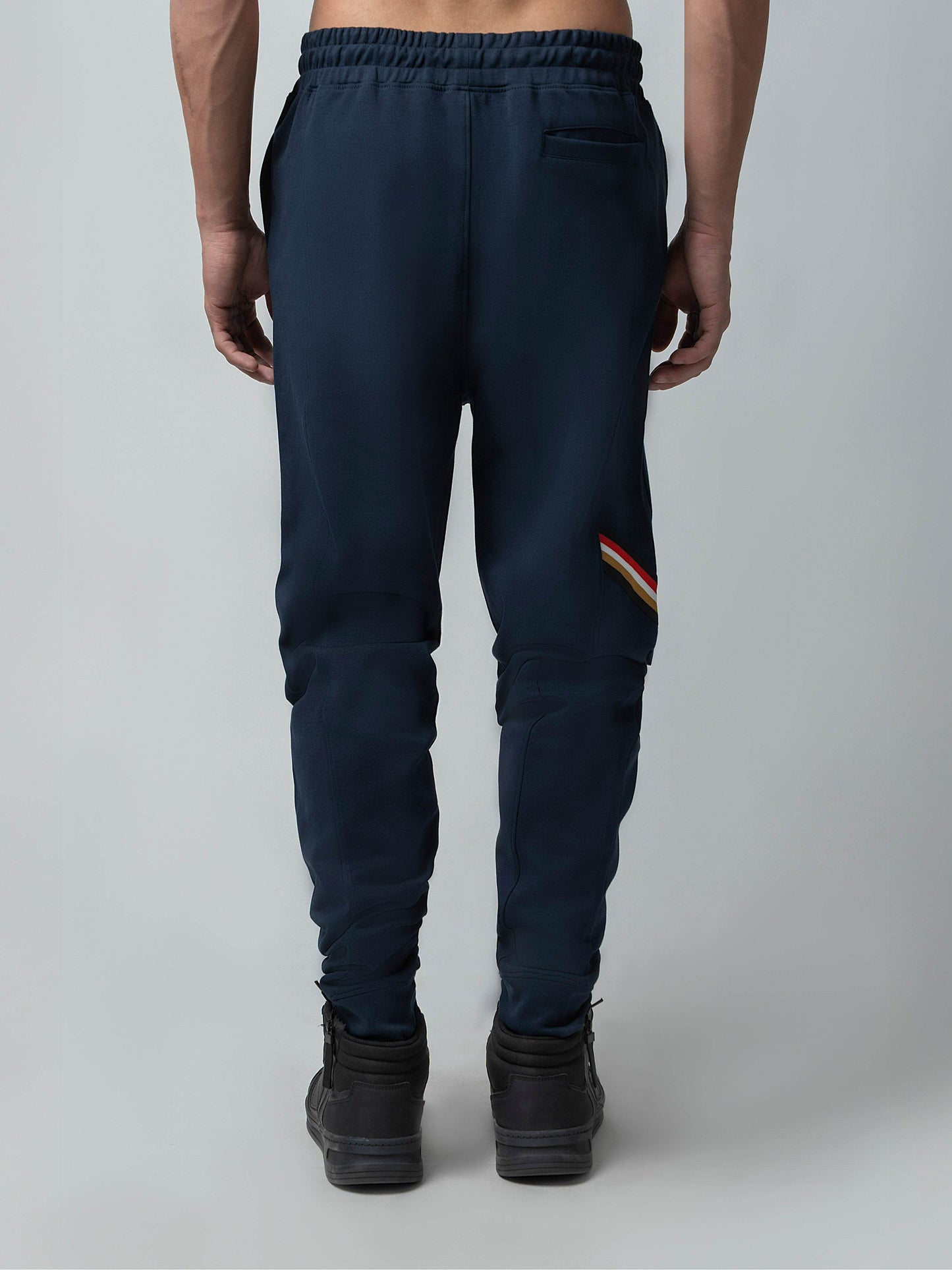 Rougen Cotton Poly Elastane Interlock Jogger with Cut-and-Sew Design and 4-Color Flag Tape Navy - ENGYNE
