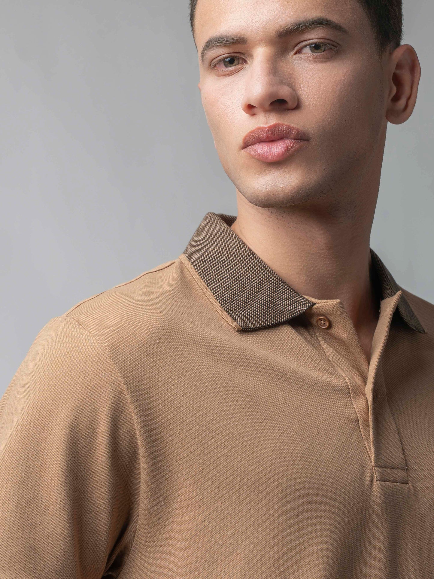 Contrast Bird's Eye Textured Khaki Polo T Shirt For Men