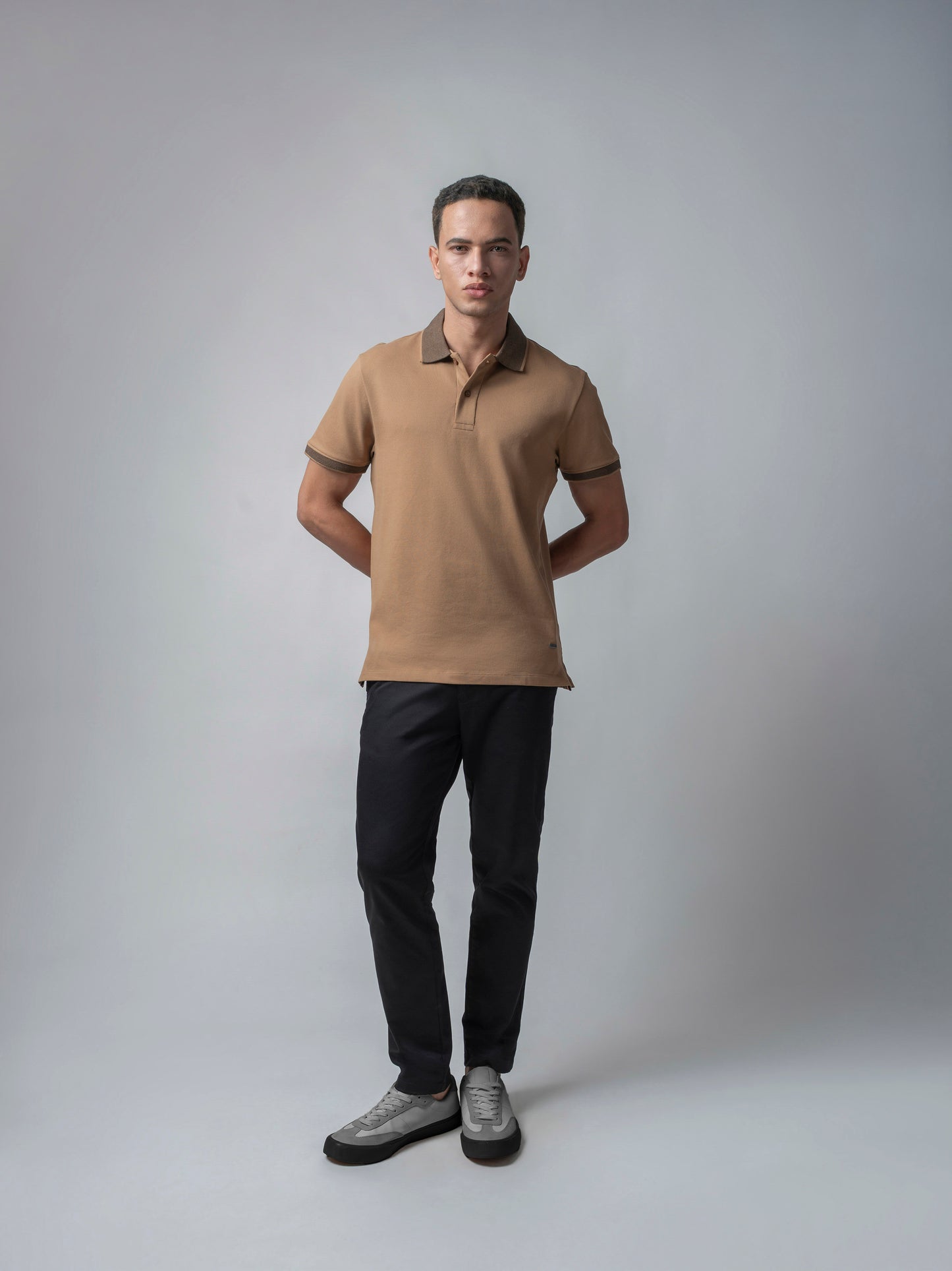 Contrast Bird's Eye Textured Khaki Polo T Shirt For Men
