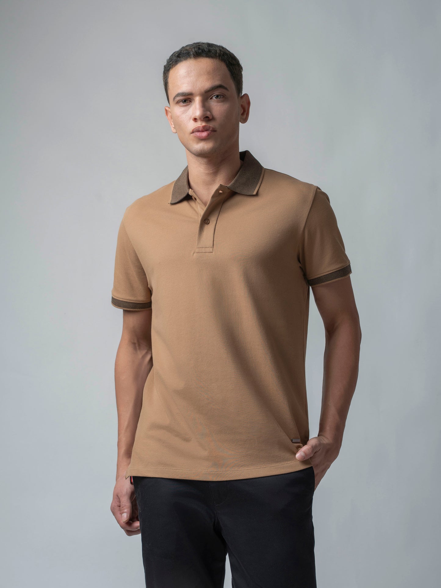 Contrast Bird's Eye Textured Khaki Polo T Shirt For Men