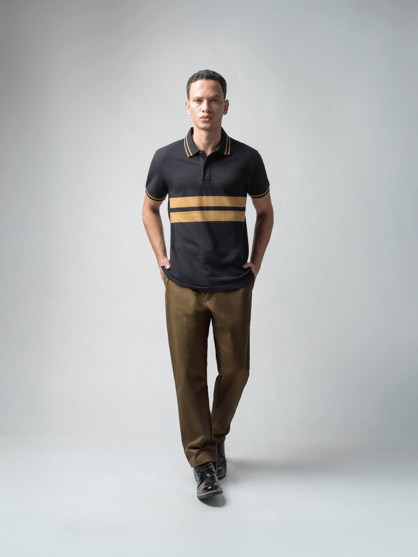 Supima Cotton Lycra Striped with Contrast-Tipped Collar and Cuffs Black T-shirt - ENGYNE
