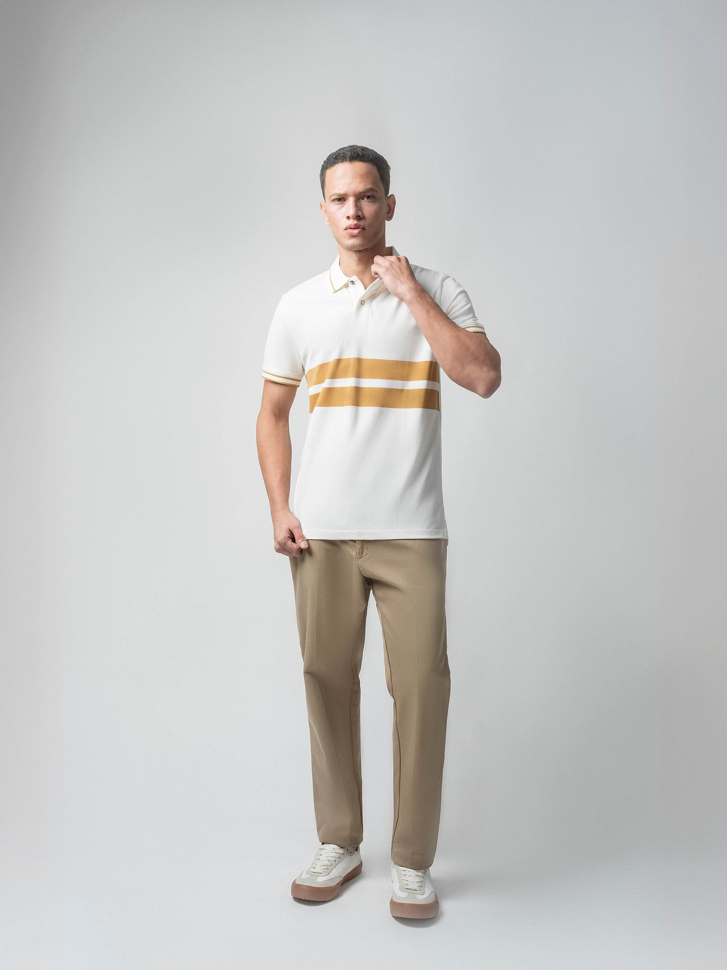 Supima Cotton Lycra Striped with Contrast-Tipped Collar and Cuffs White T-shirt - ENGYNE