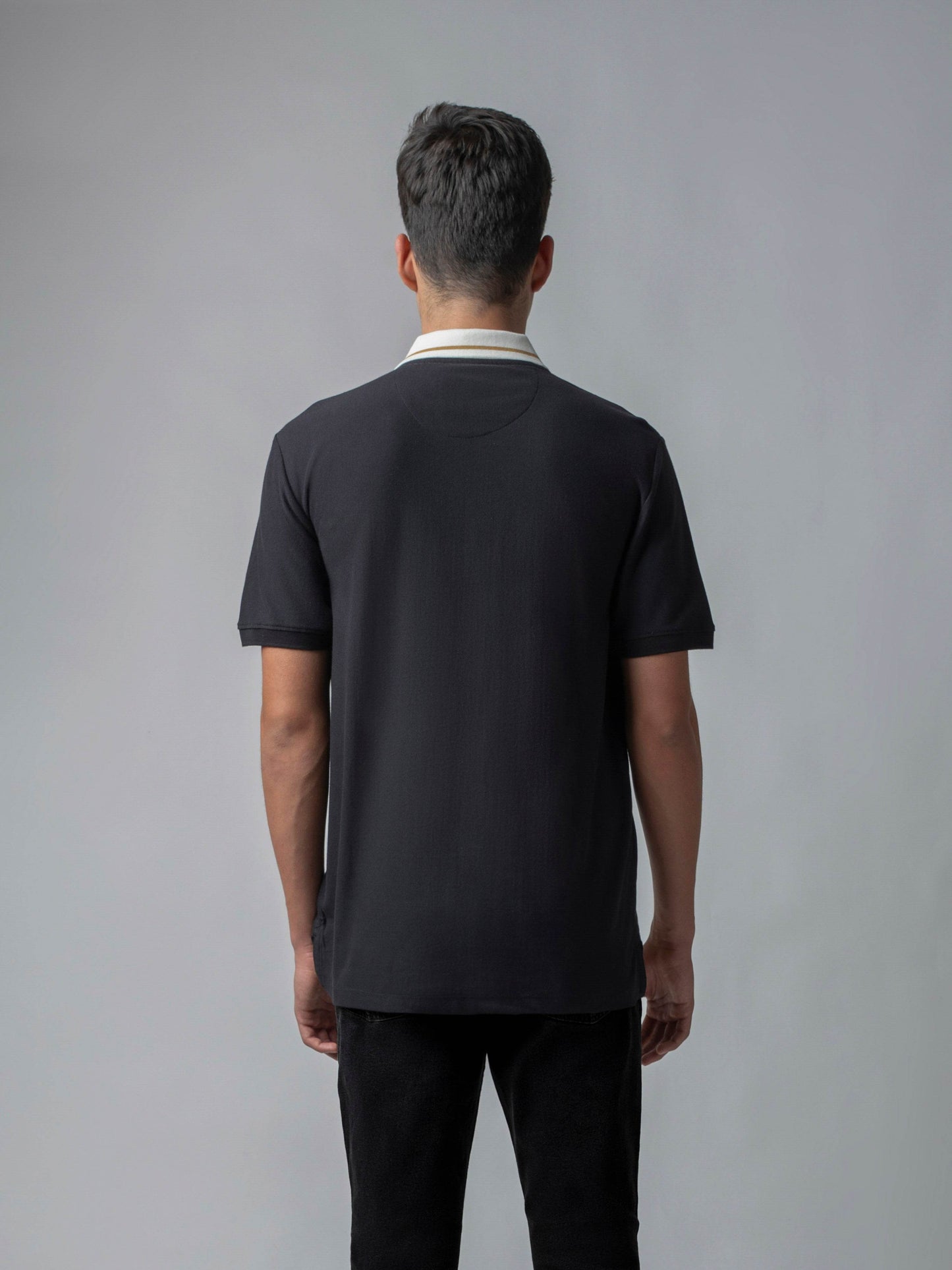 Supima Cotton Lycra with Yarn-Dyed Vertical Stripes and Honeycomb-Textured Contrast Collar and Cuffs Black T-shirt - ENGYNE