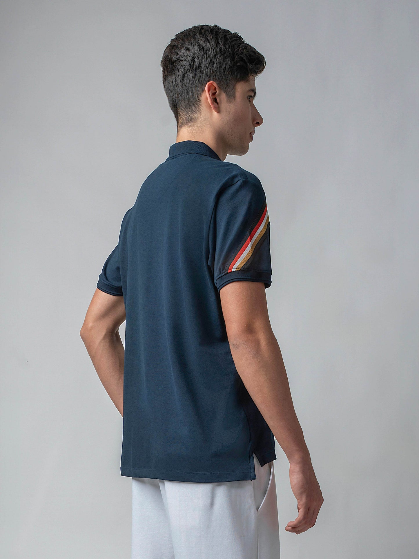 Rougen Cotton Lycra with Engyne Signature Flag Tape Sleeve and Speed-Breaker Textured Collar Navy Polo - ENGYNE