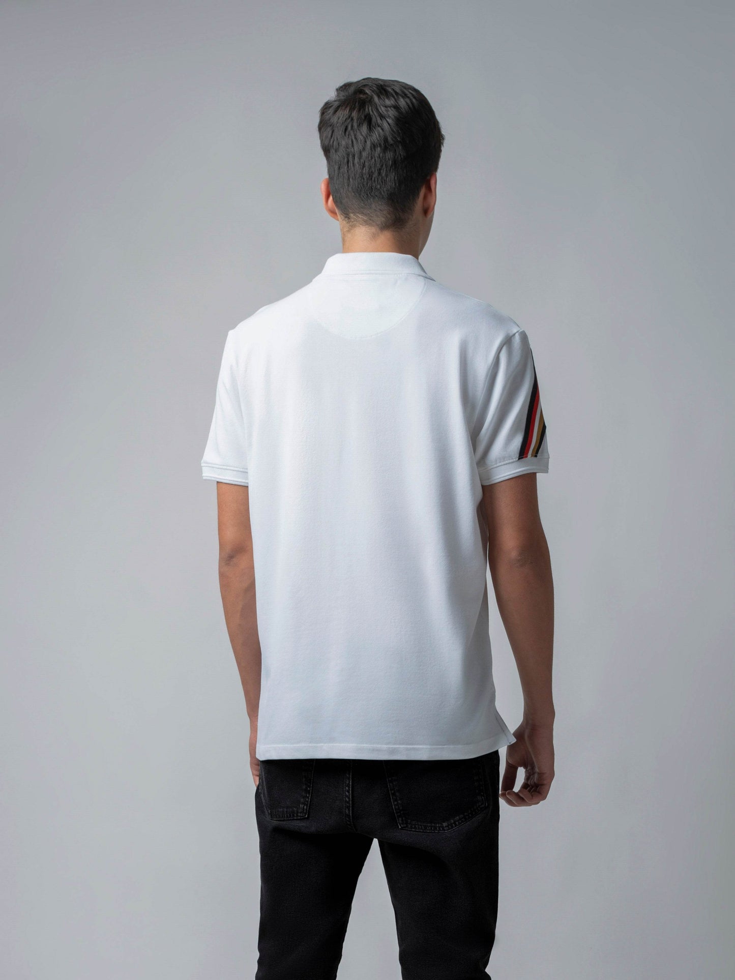 Rougen Cotton Lycra with Engyne Signature Flag Tape Sleeve and Speed-Breaker Textured Collar White Polo - ENGYNE