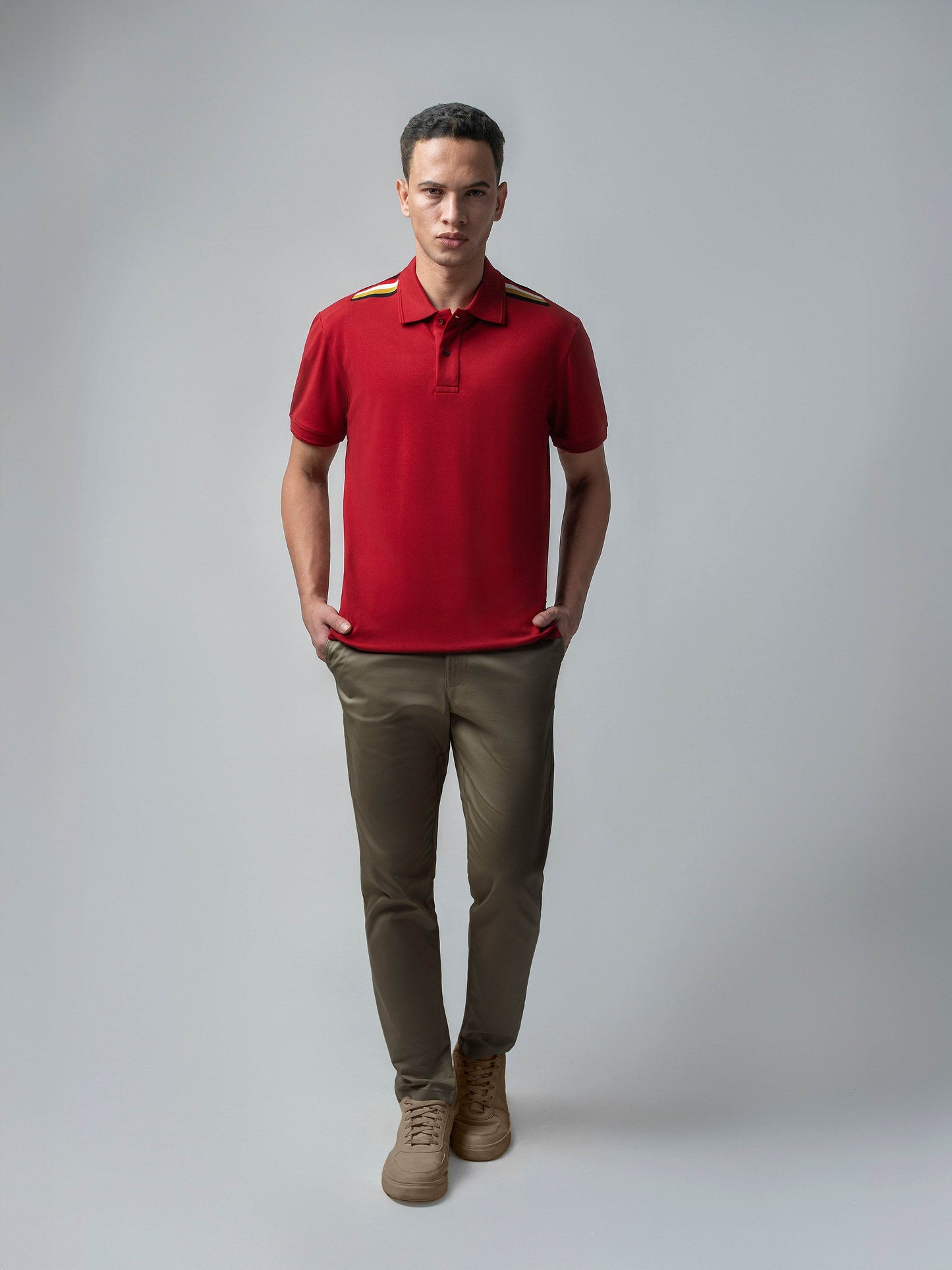 Supima Cotton Engyne Signature Four-Color Flag Rib Shoulder and Speed-Breaker Textured Collar Dark Red Polo - ENGYNE