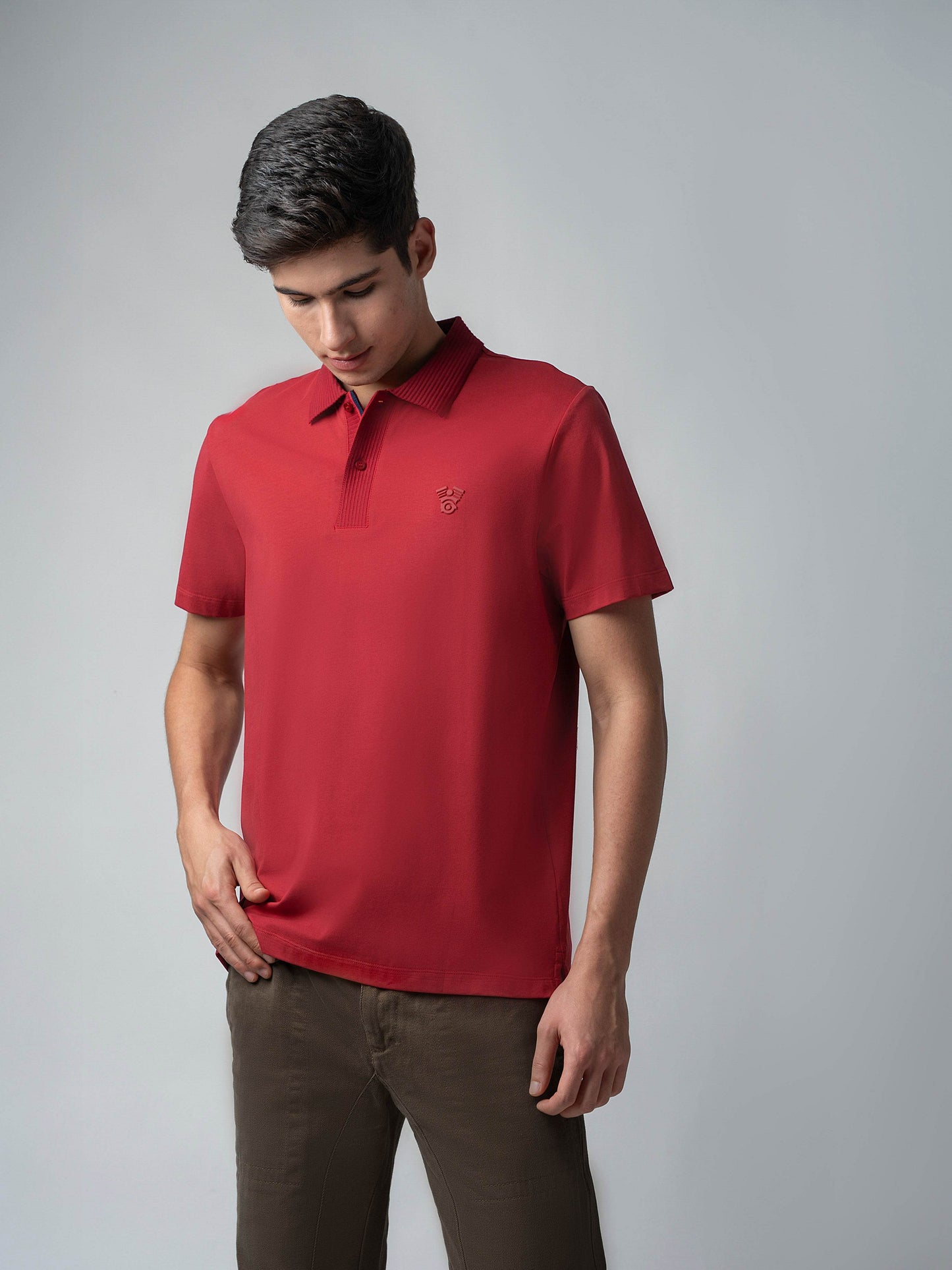 Jersène LuxeKnit with Textured Collar and HD Sticker Iconic Emblem Dark Red Polo - ENGYNE