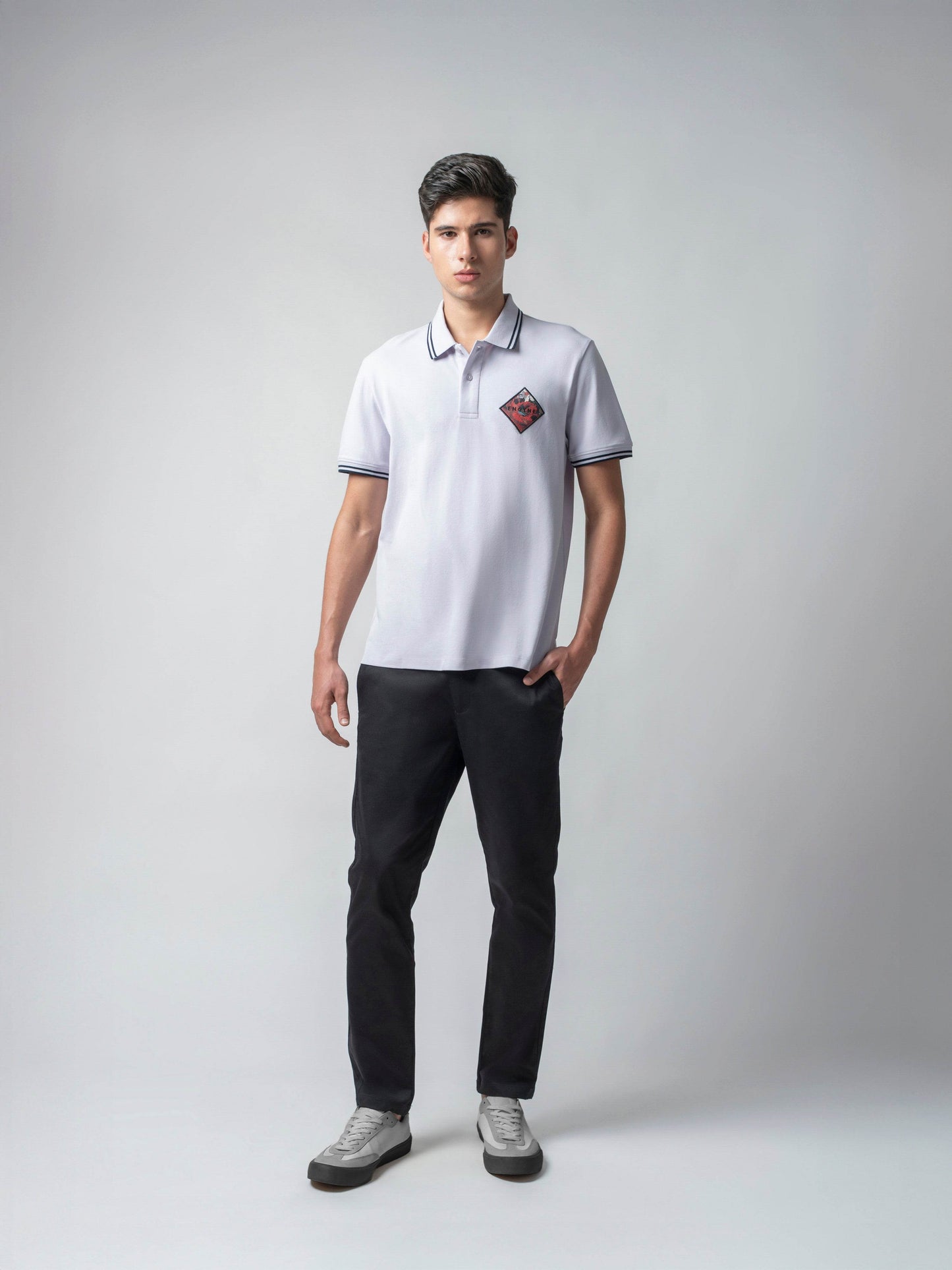 Supima Cotton Lycra with Sublimation-Printed Embroidered Badge Light Lavender Polo - ENGYNE