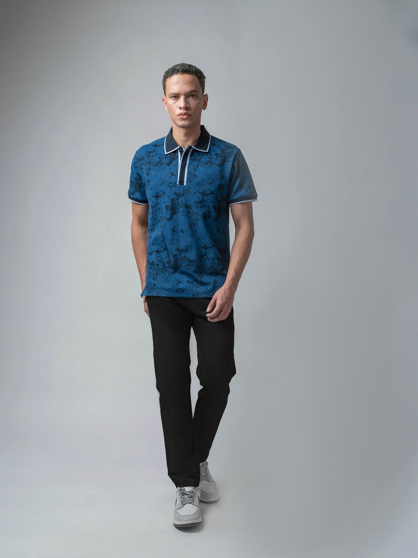 Supima Cotton Lycra with Engyne Special Tech Rotary Print and Contrast-Tipping Navy Polo - ENGYNE