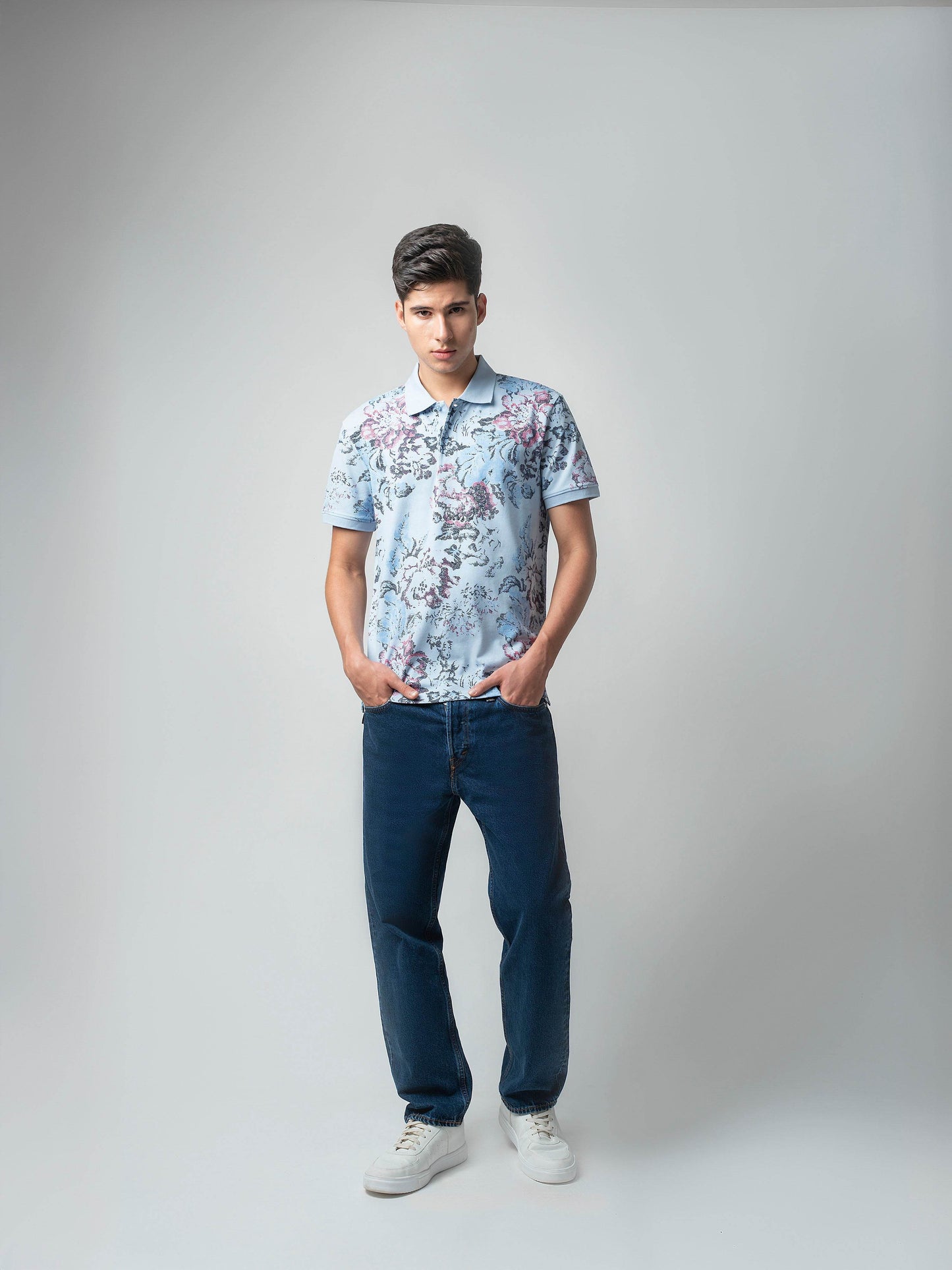 Supima Cotton Lycra with Rotary All-Over Print and DTM Collar Light Blue Polo - ENGYNE