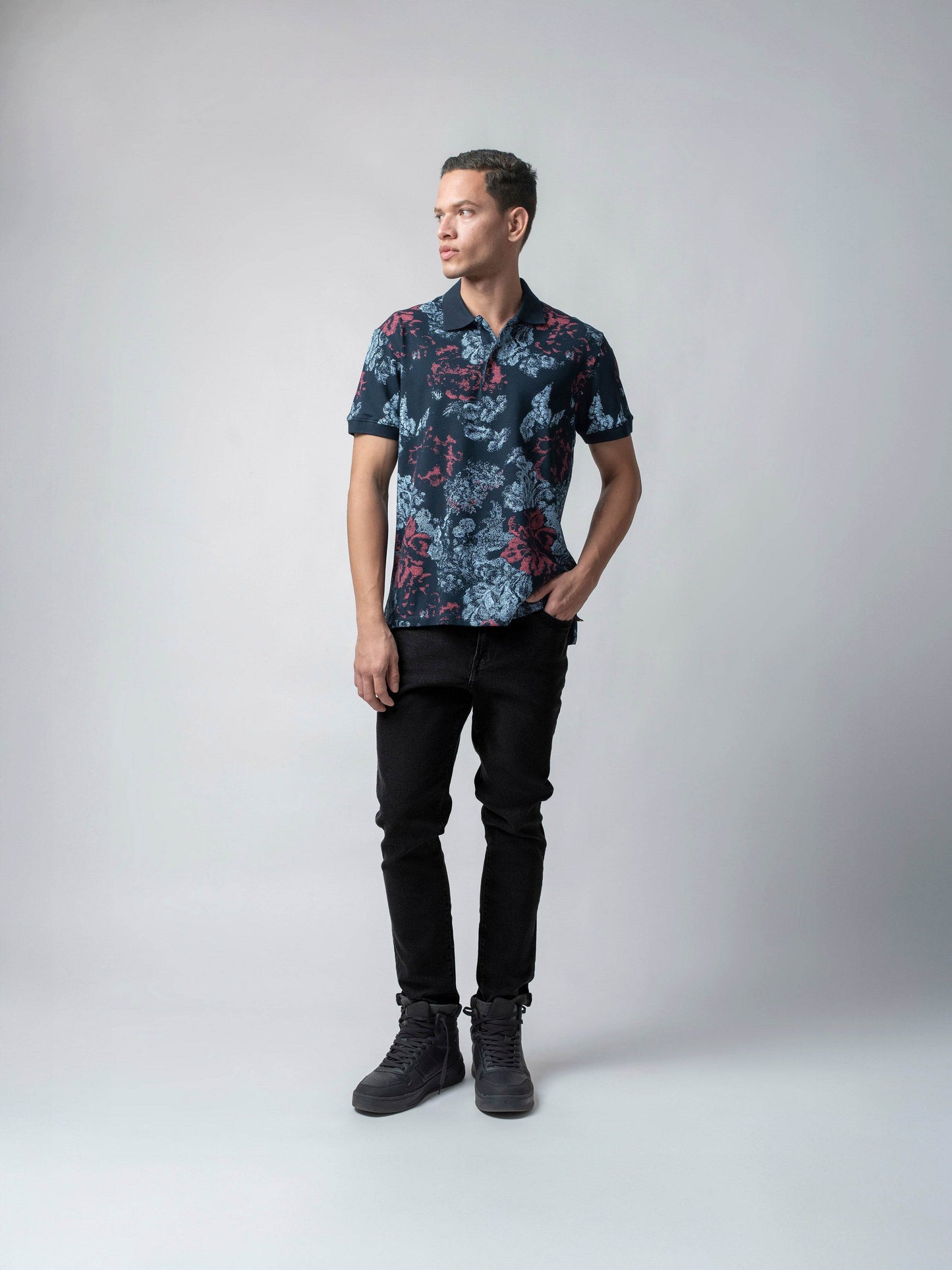 Supima Cotton Lycra with Rotary All-Over Print and DTM Collar Navy Polo - ENGYNE
