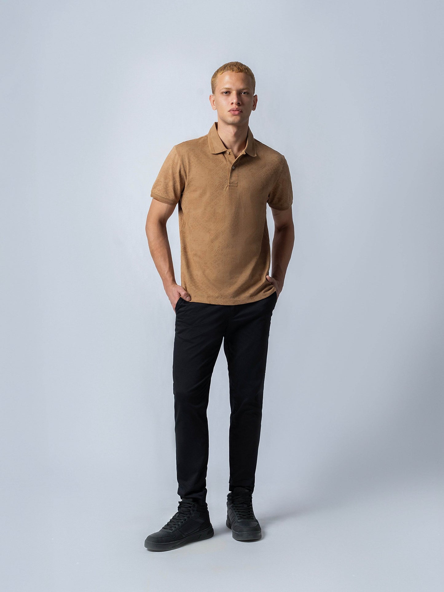 Supima Cotton Lycra with Rotary Pigment Print and Honeycomb Textured DTM Collar Khaki Polo - ENGYNE