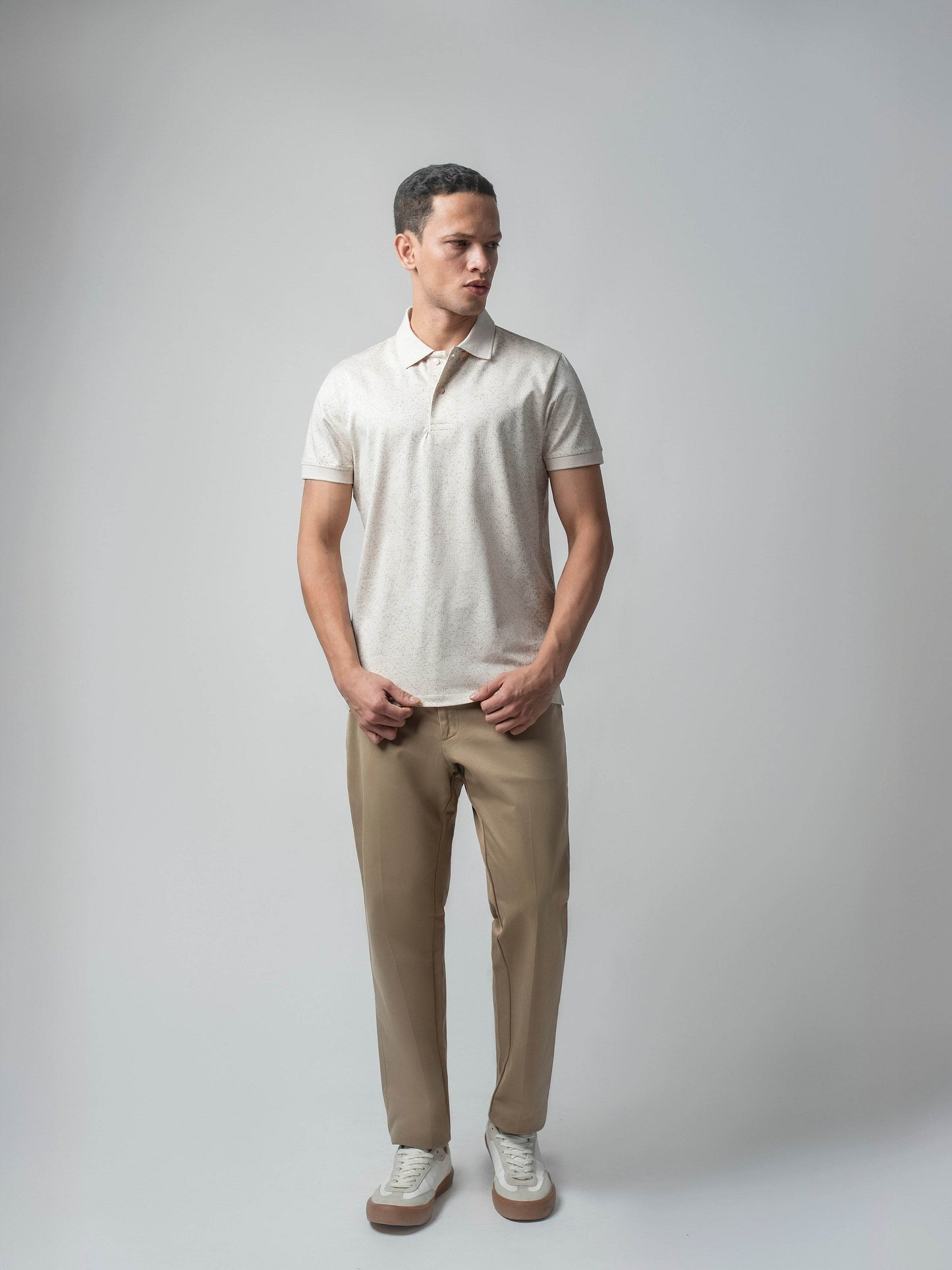 Supima Cotton LuxeKnit with Rotary Pigment Print and Slim DTM Collar Beige Polo - ENGYNE