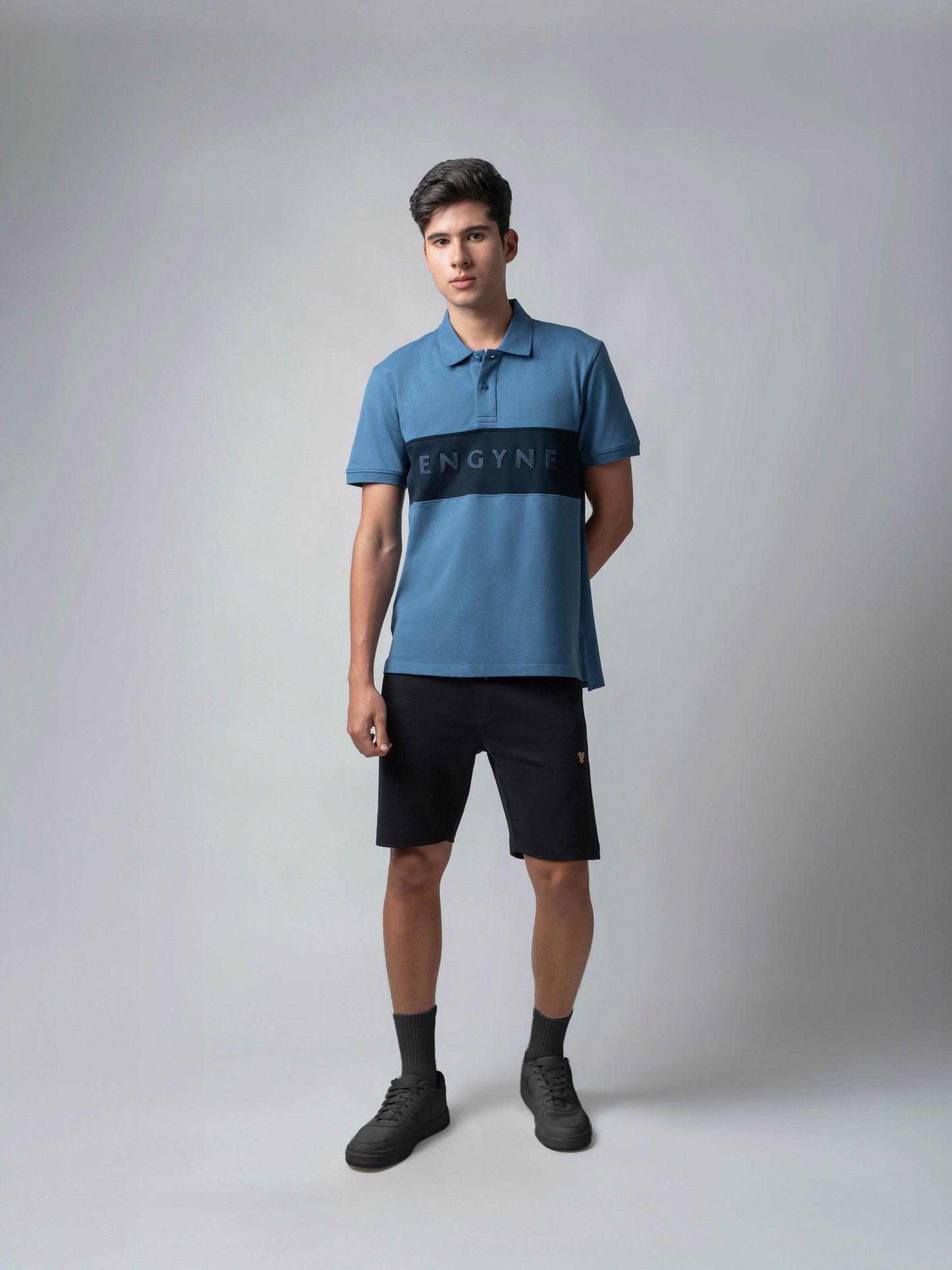 Supima Cotton Lycra with Cut-and-Sew Panels, Embroidery, and Piping Light Gasoline Polo - ENGYNE